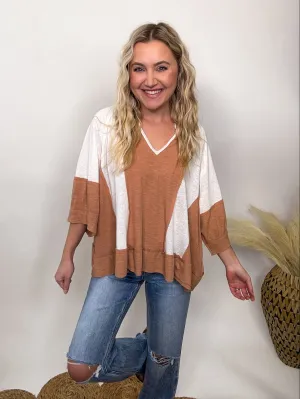 POL Notched Neck Half Sleeve Oversized Knit Top in Natural Topaz