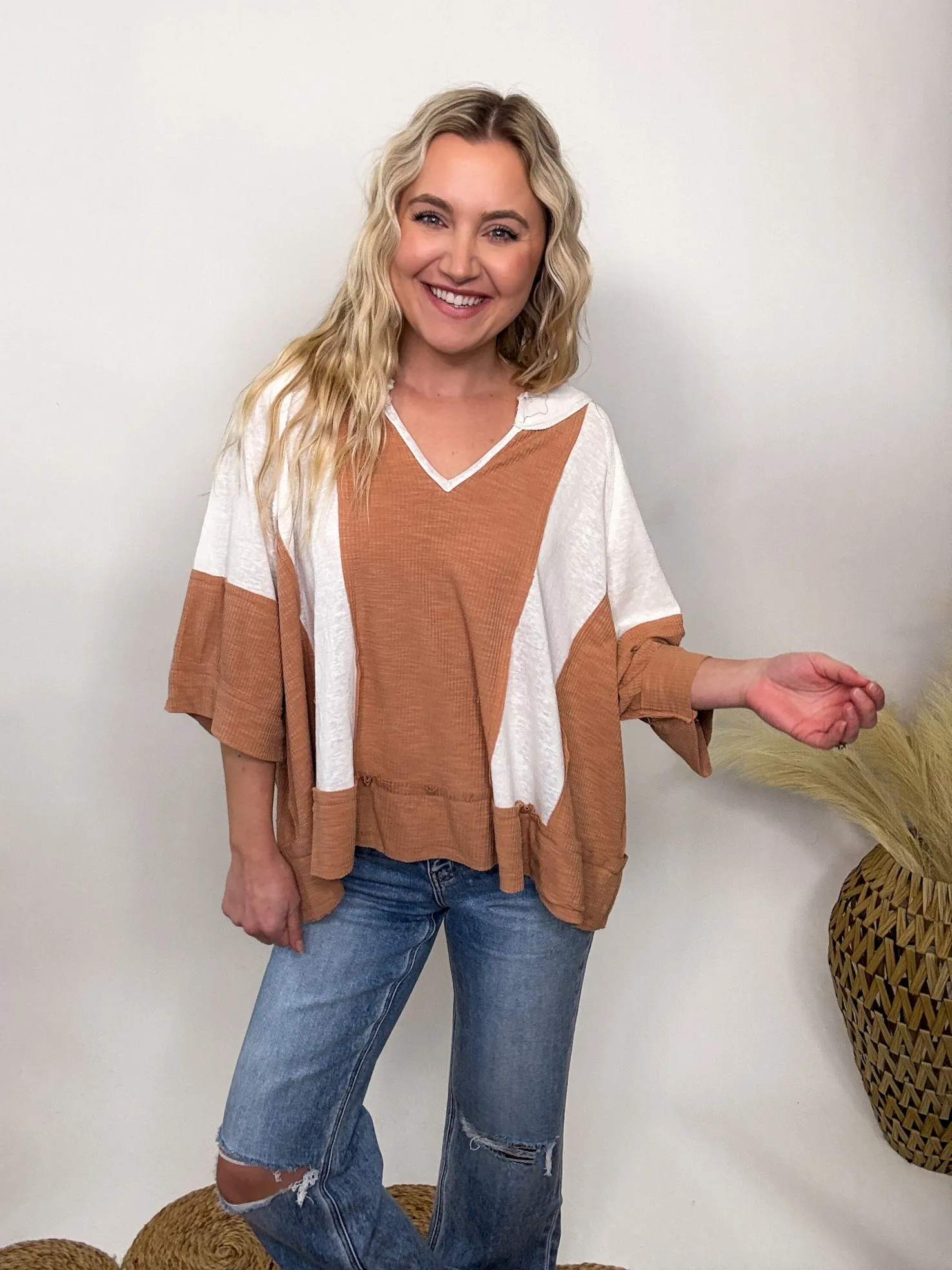 POL Notched Neck Half Sleeve Oversized Knit Top in Natural Topaz