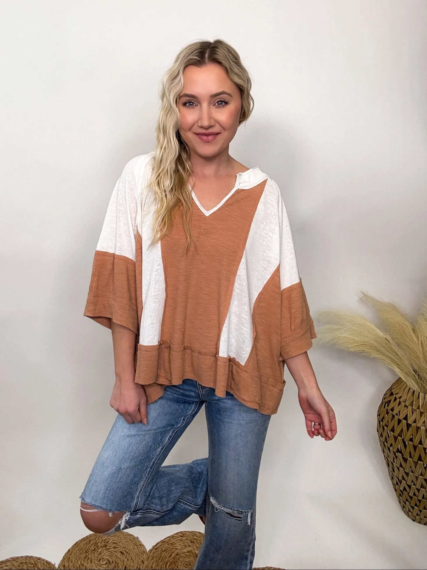 POL Notched Neck Half Sleeve Oversized Knit Top in Natural Topaz