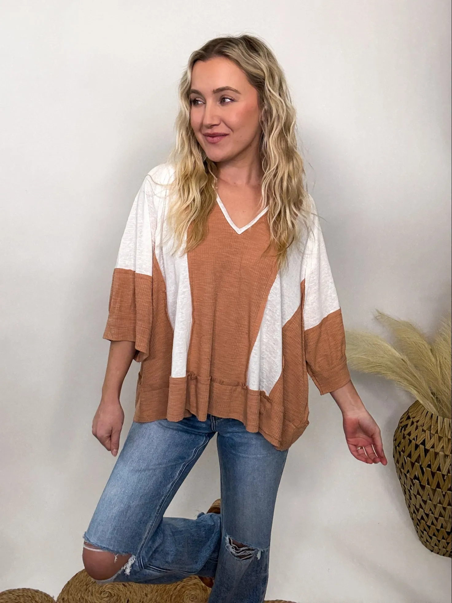 POL Notched Neck Half Sleeve Oversized Knit Top in Natural Topaz