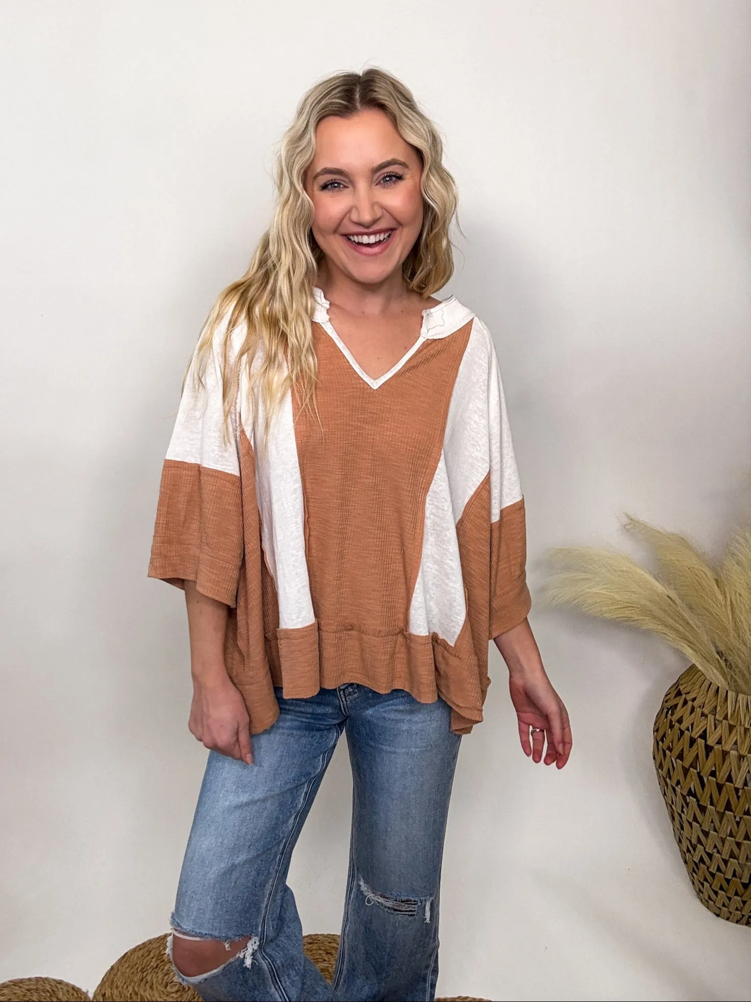 POL Notched Neck Half Sleeve Oversized Knit Top in Natural Topaz