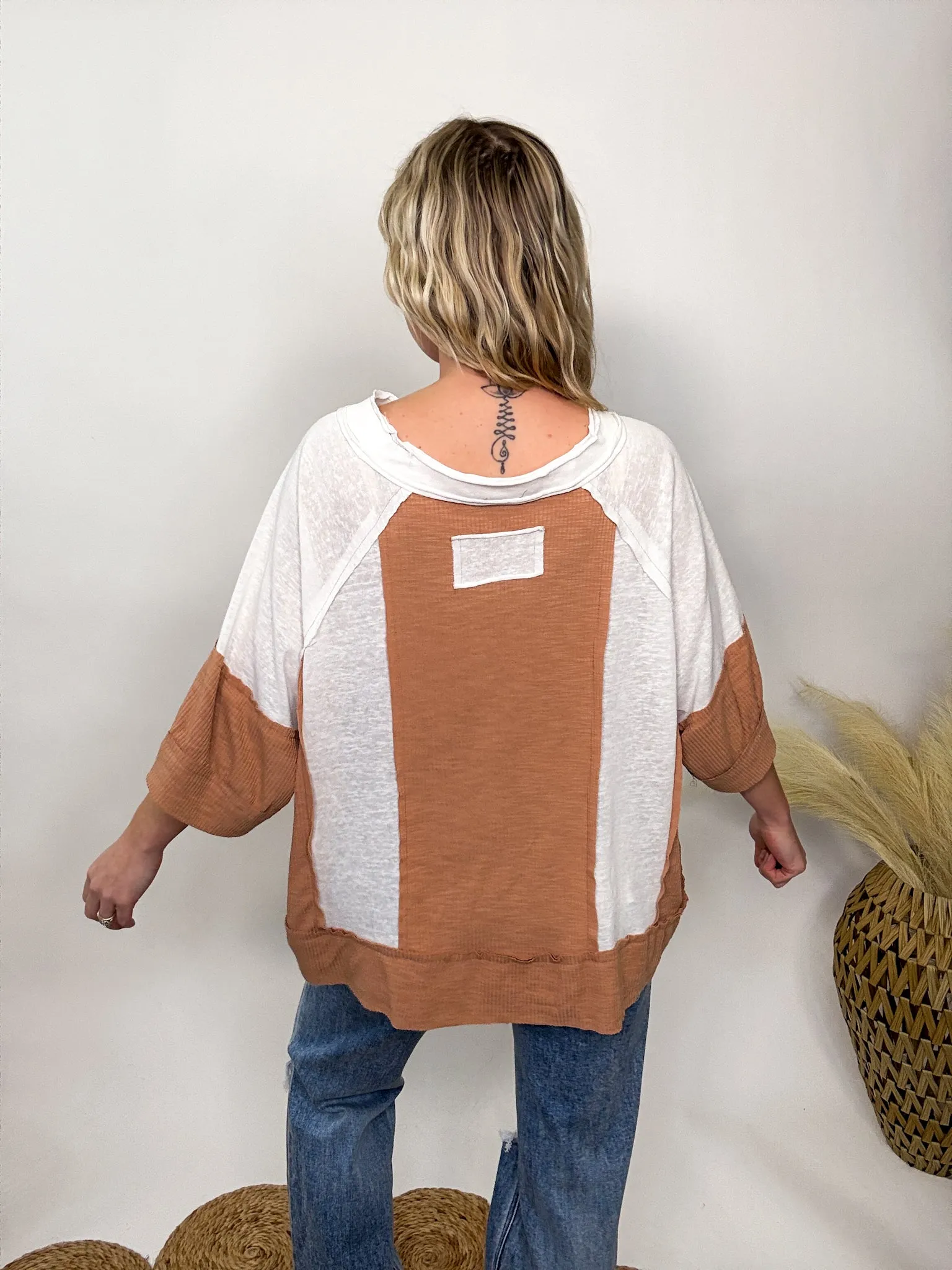 POL Notched Neck Half Sleeve Oversized Knit Top in Natural Topaz