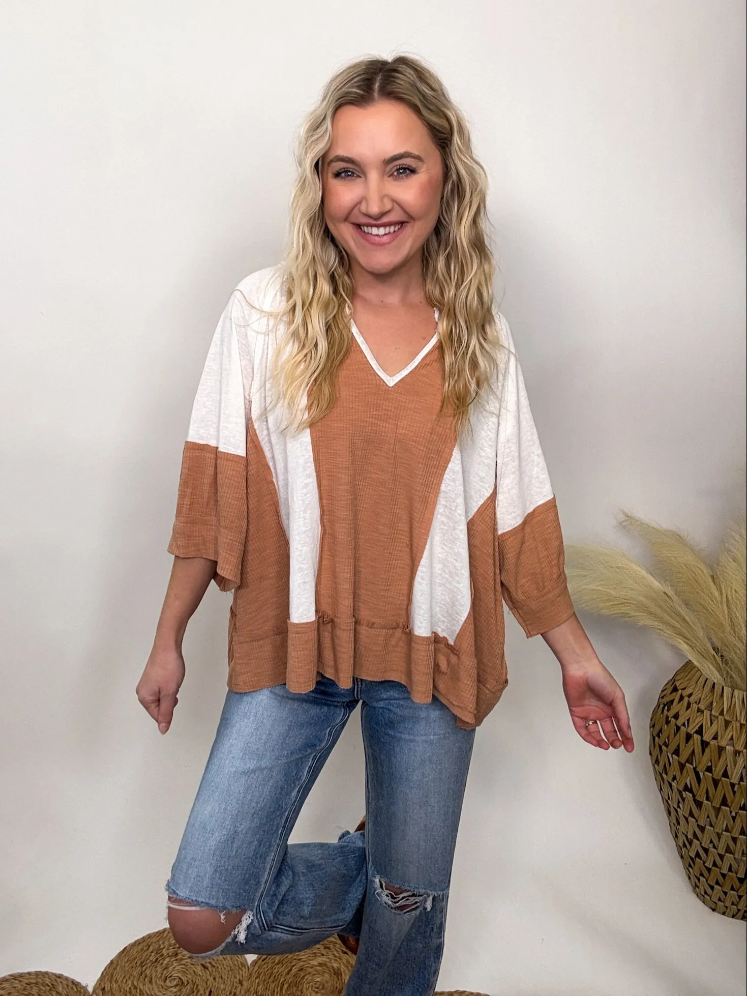POL Notched Neck Half Sleeve Oversized Knit Top in Natural Topaz