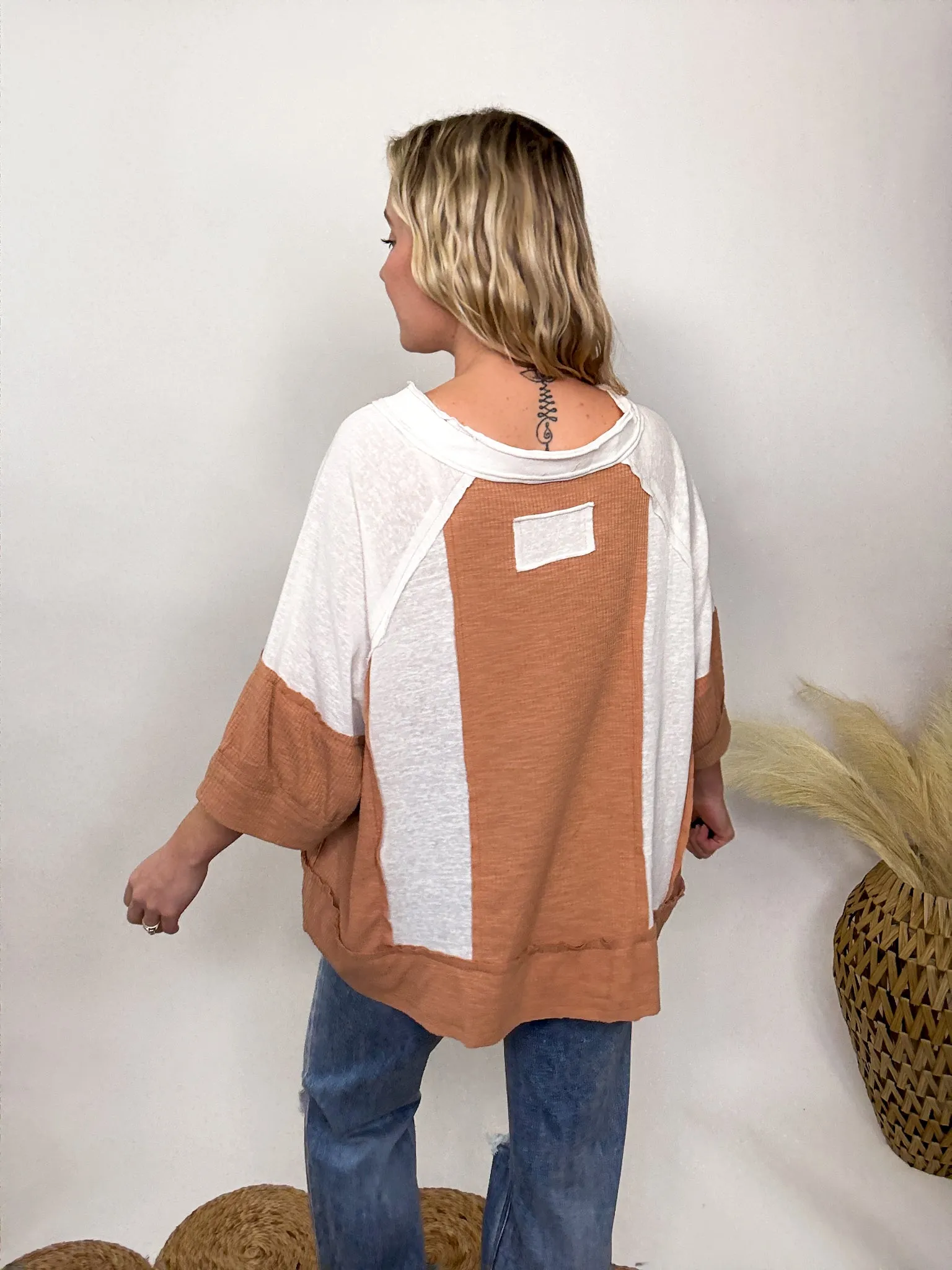 POL Notched Neck Half Sleeve Oversized Knit Top in Natural Topaz