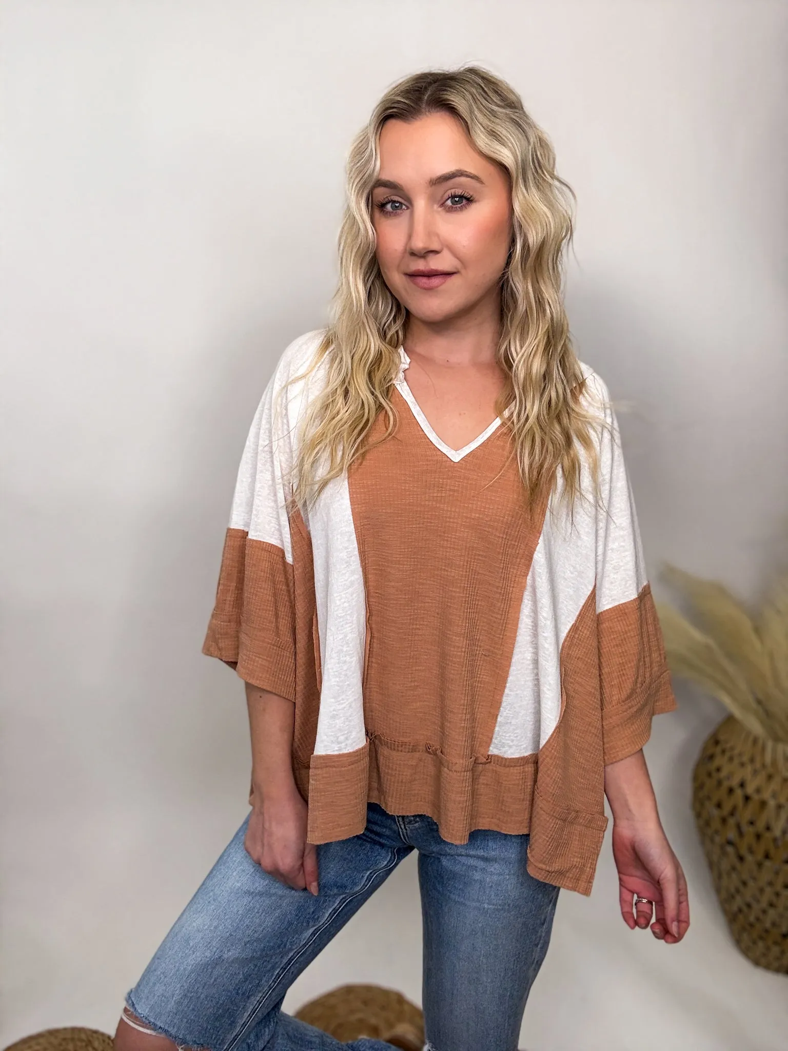 POL Notched Neck Half Sleeve Oversized Knit Top in Natural Topaz