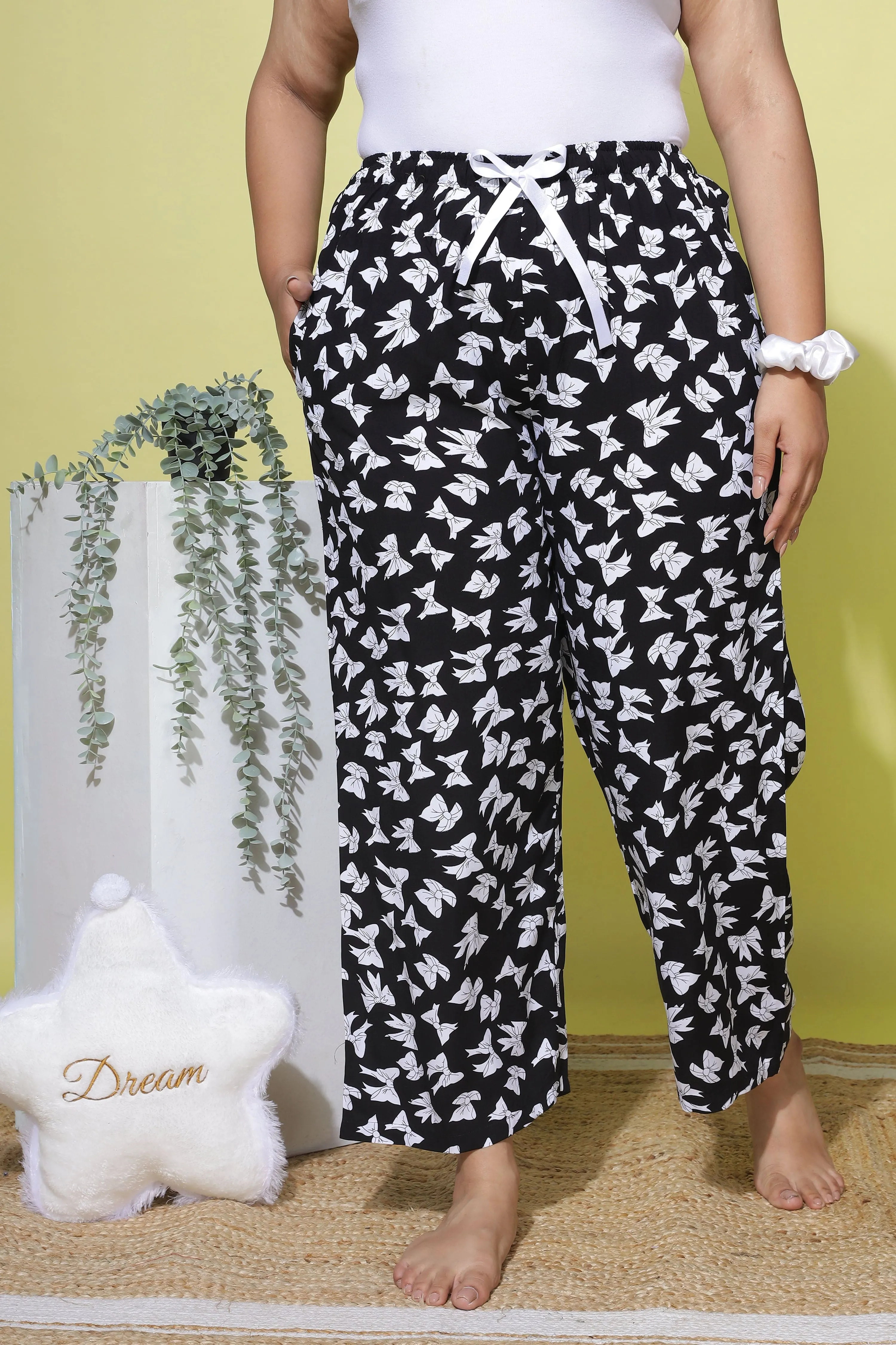 Ribbon Black Abstract Printed Palazzo Pants for Women with Pockets