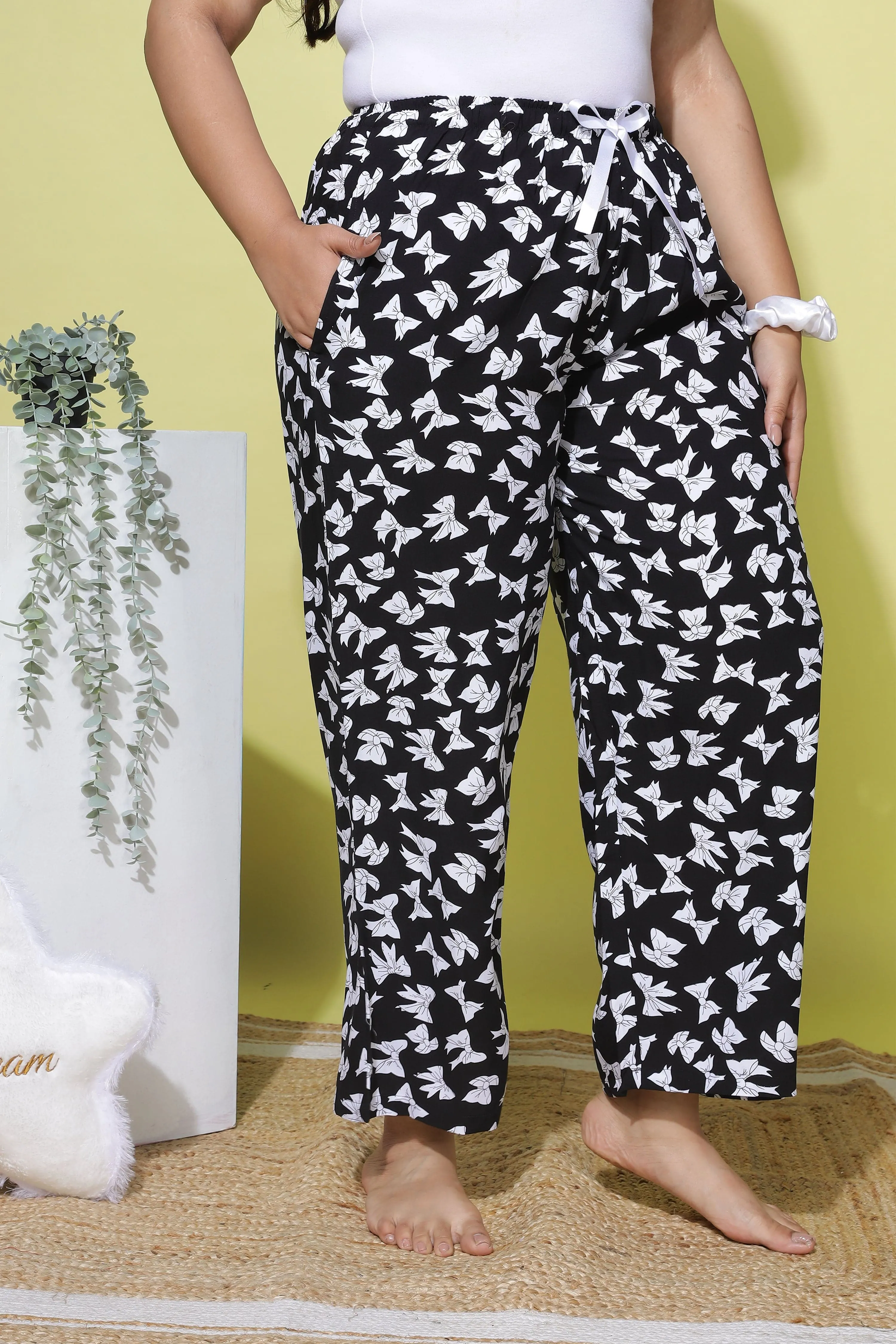 Ribbon Black Abstract Printed Palazzo Pants for Women with Pockets
