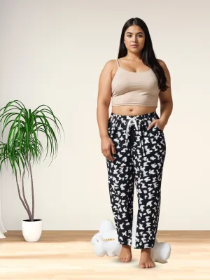 Ribbon Black Abstract Printed Palazzo Pants for Women with Pockets