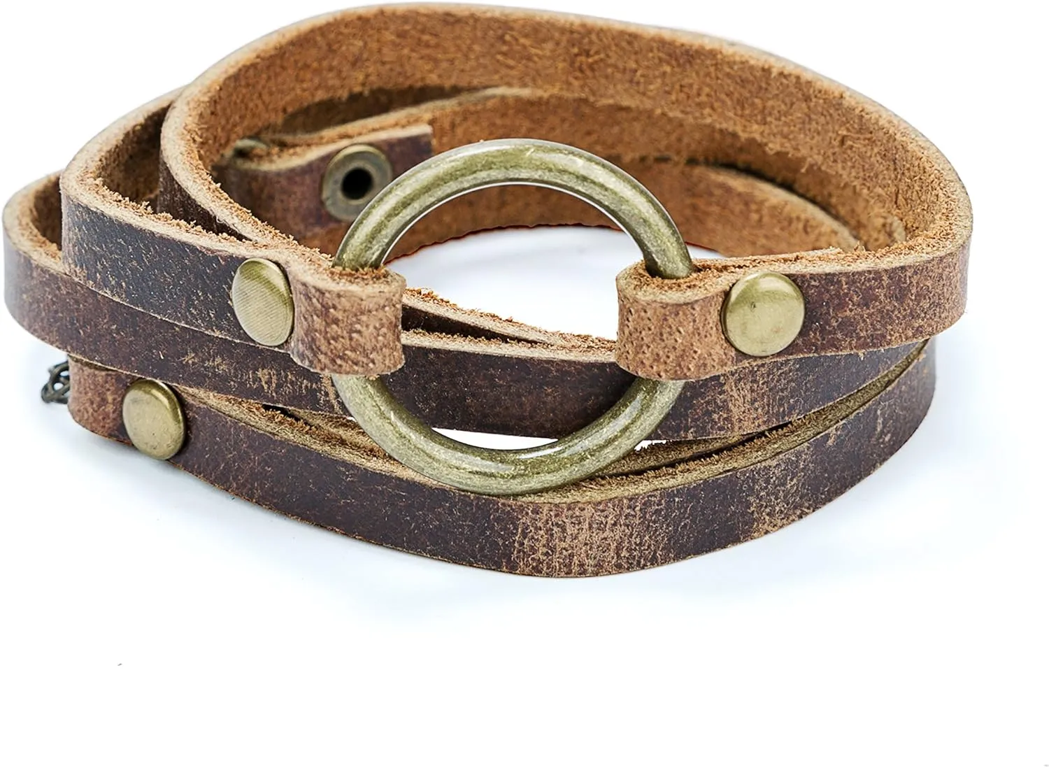 SPUNKYsoul Buckle or 5 Wrap Leather Circle Bracelet - Adjustable Boho-Inspired Leather Bracelet for Women & Men, Unique Distressed Jewelry with Symbolic Circle, Ideal for Everyday Wear & Gifting