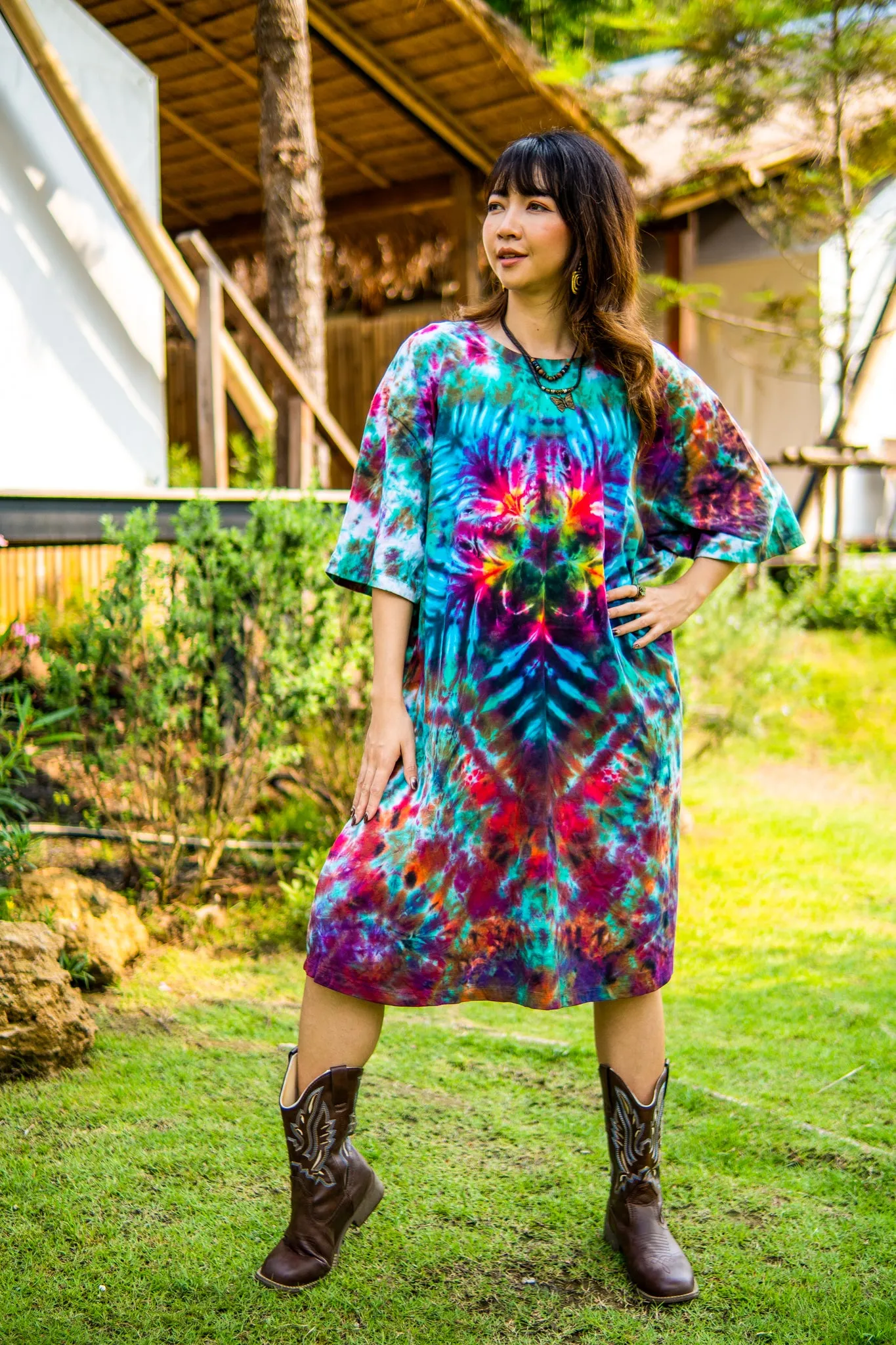 Sunkissed Rainforest Hand Dyed Boho Cotton Dress with Pockets