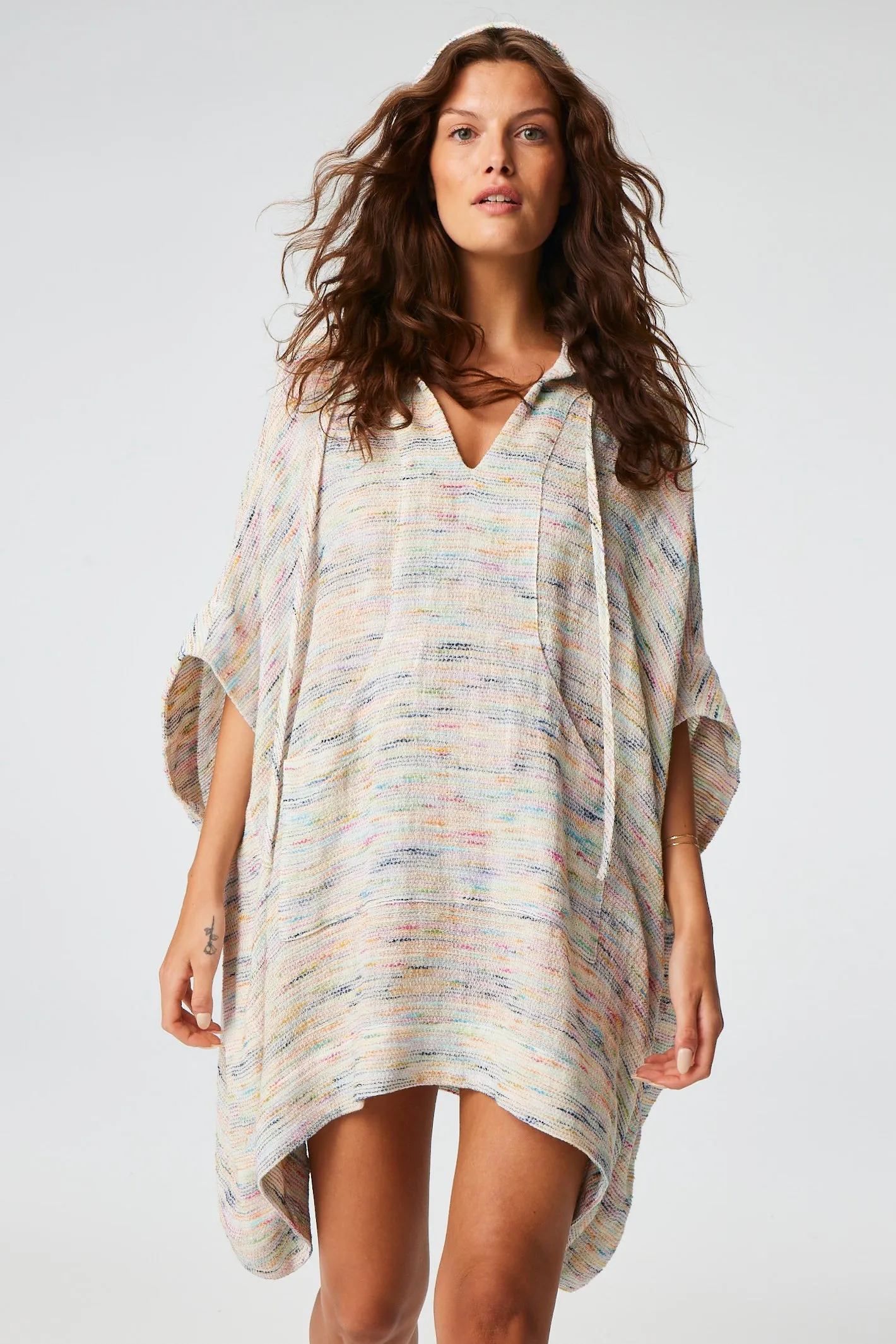 THE HOODED PONCHO in RAINBOW STRIPED GAUZE