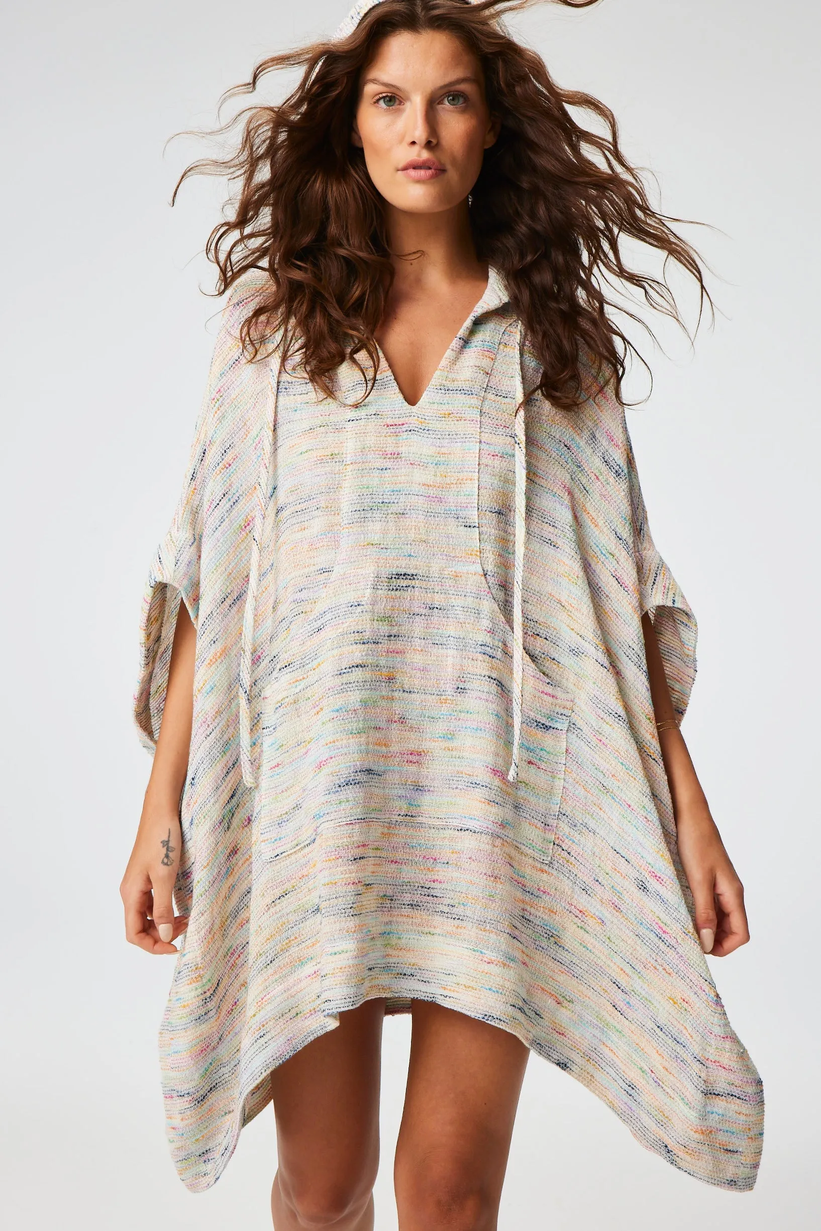 THE HOODED PONCHO in RAINBOW STRIPED GAUZE