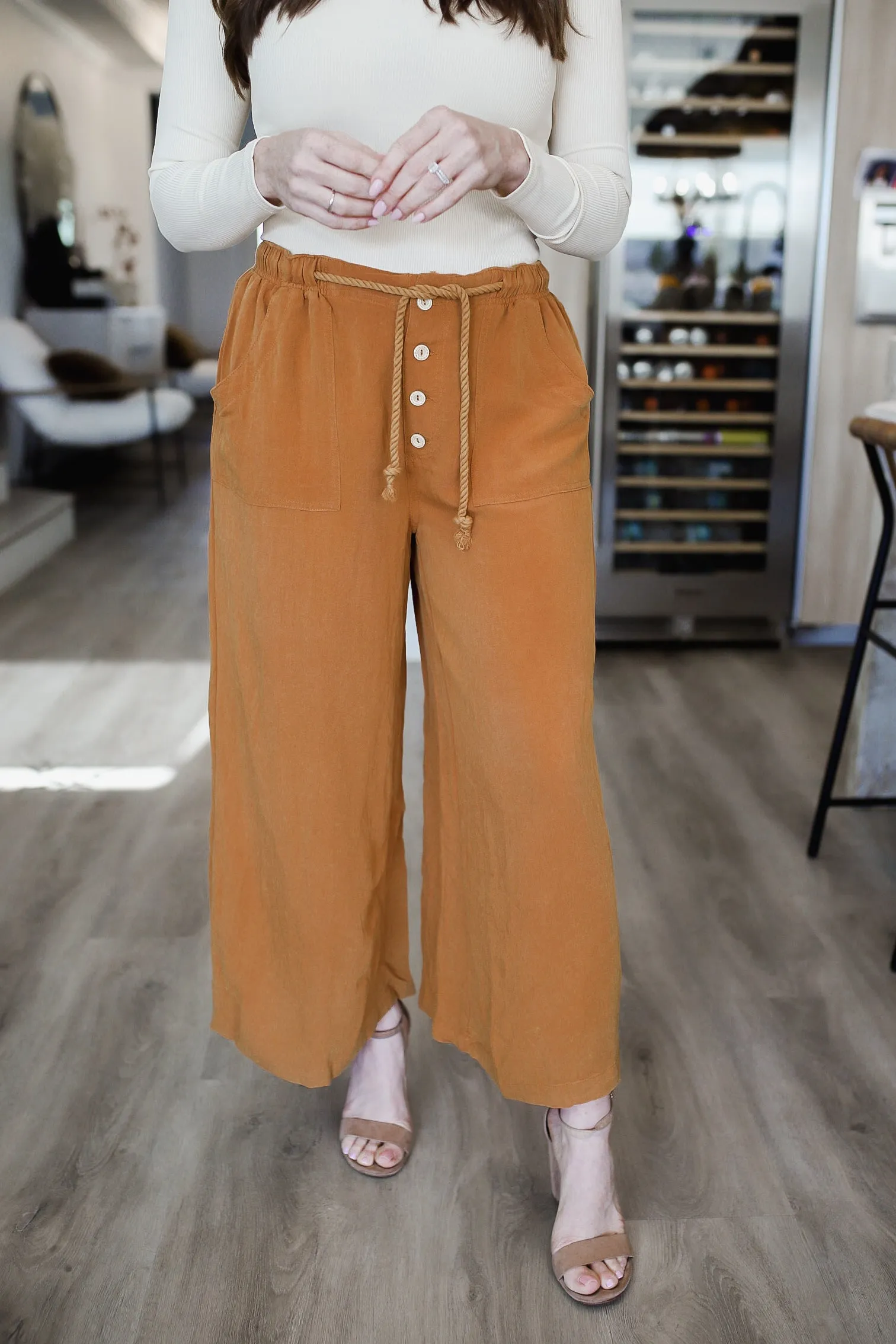 Umgee Full Size Rope Drawstring Wide Leg Pants Plus Size