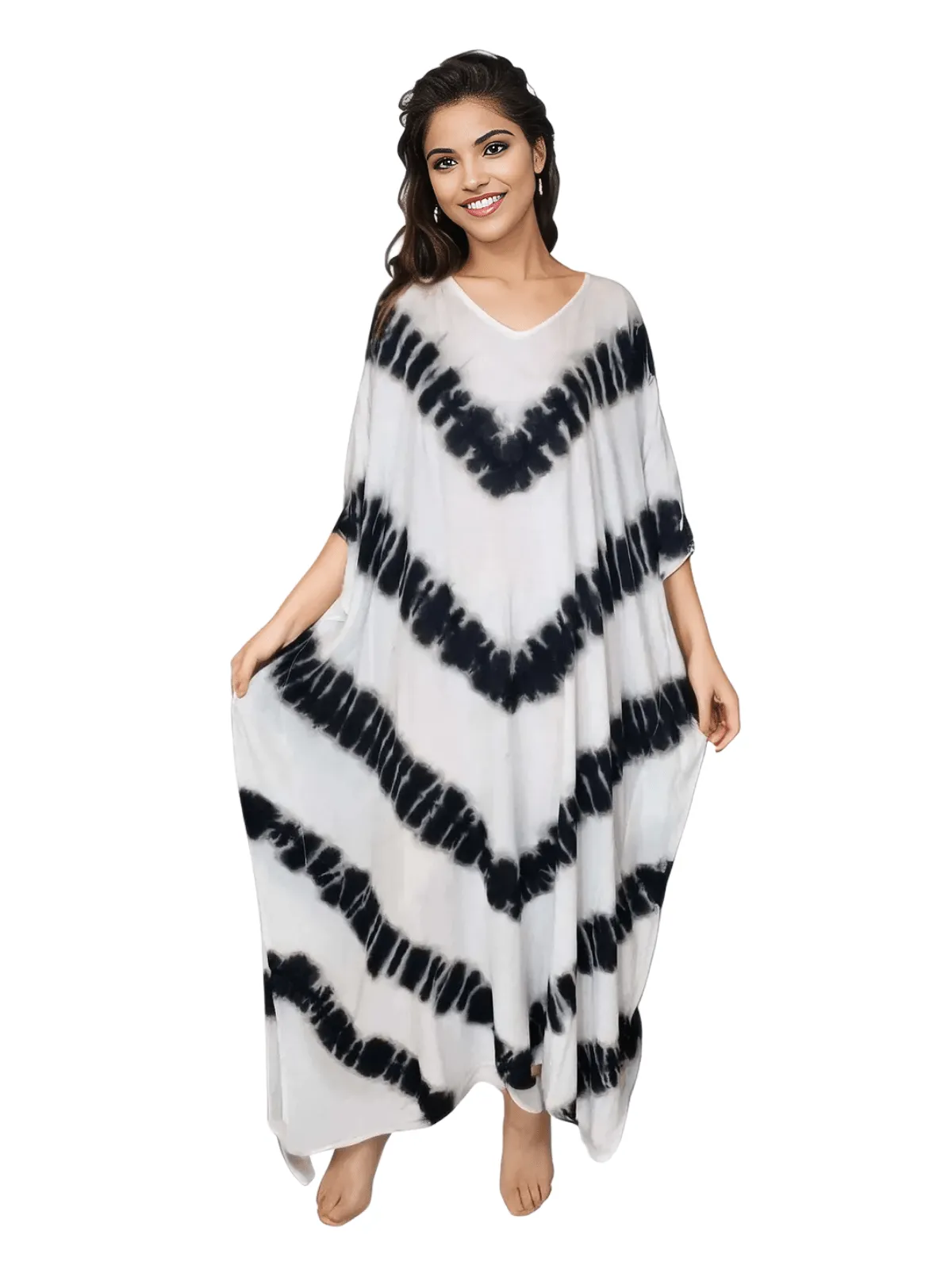 White/Black Hand-Dyed Tie-Dye Maxi Kaftan Dress – Boho Chic, Flowy and Comfortable