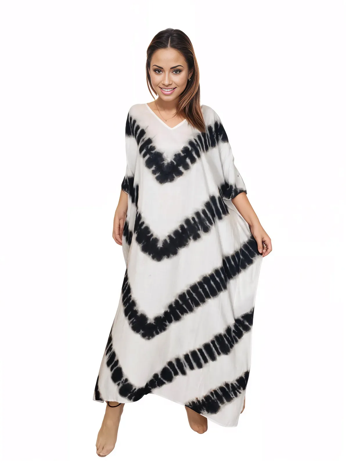 White/Black Hand-Dyed Tie-Dye Maxi Kaftan Dress – Boho Chic, Flowy and Comfortable