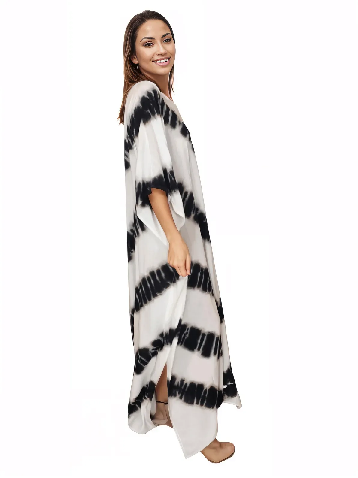 White/Black Hand-Dyed Tie-Dye Maxi Kaftan Dress – Boho Chic, Flowy and Comfortable