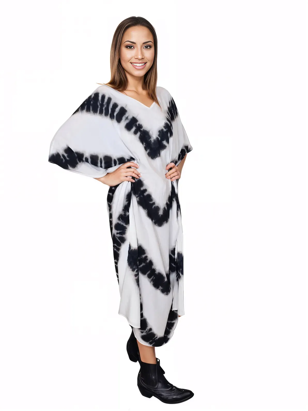 White/Black Hand-Dyed Tie-Dye Maxi Kaftan Dress – Boho Chic, Flowy and Comfortable