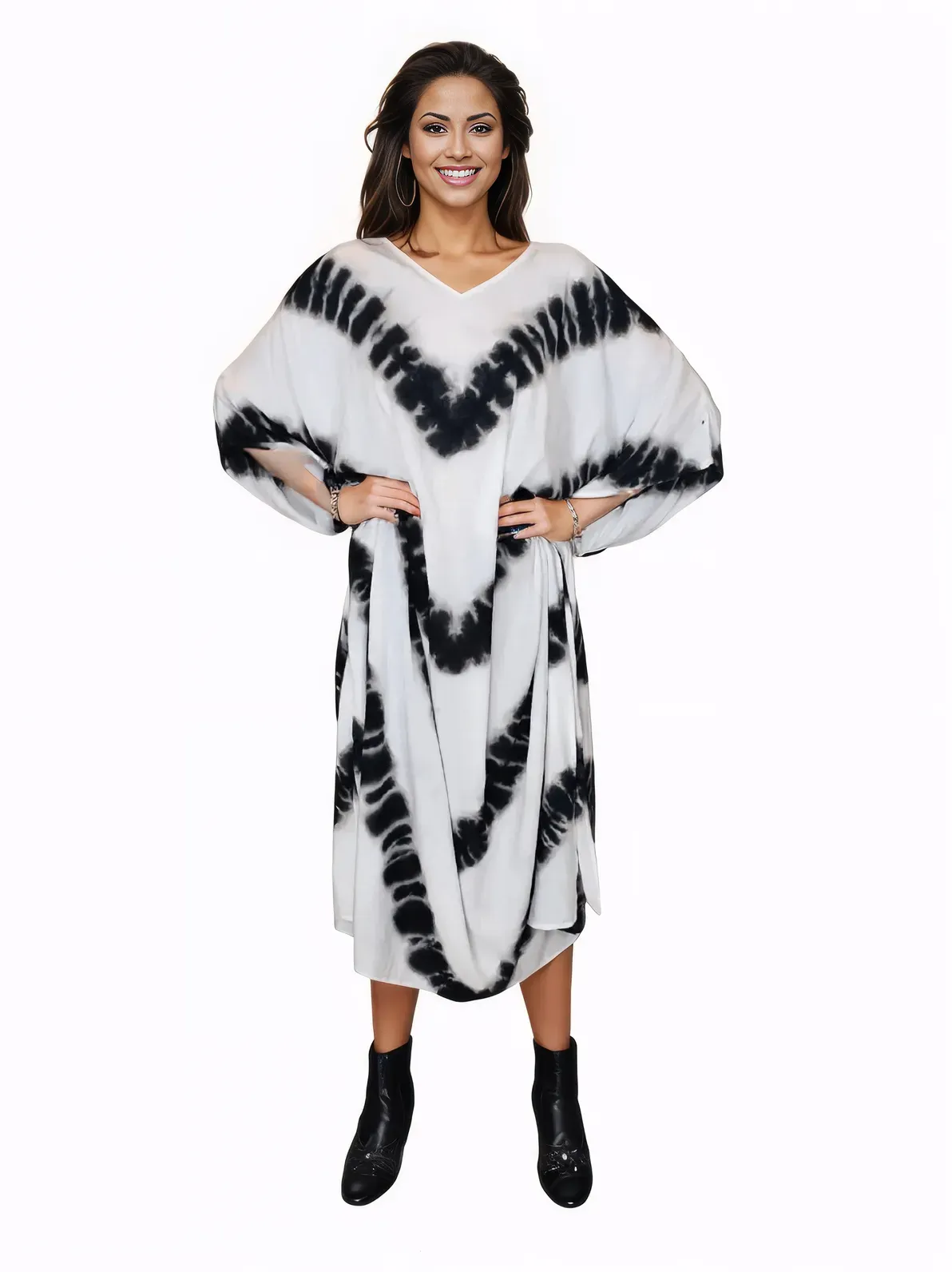 White/Black Hand-Dyed Tie-Dye Maxi Kaftan Dress – Boho Chic, Flowy and Comfortable