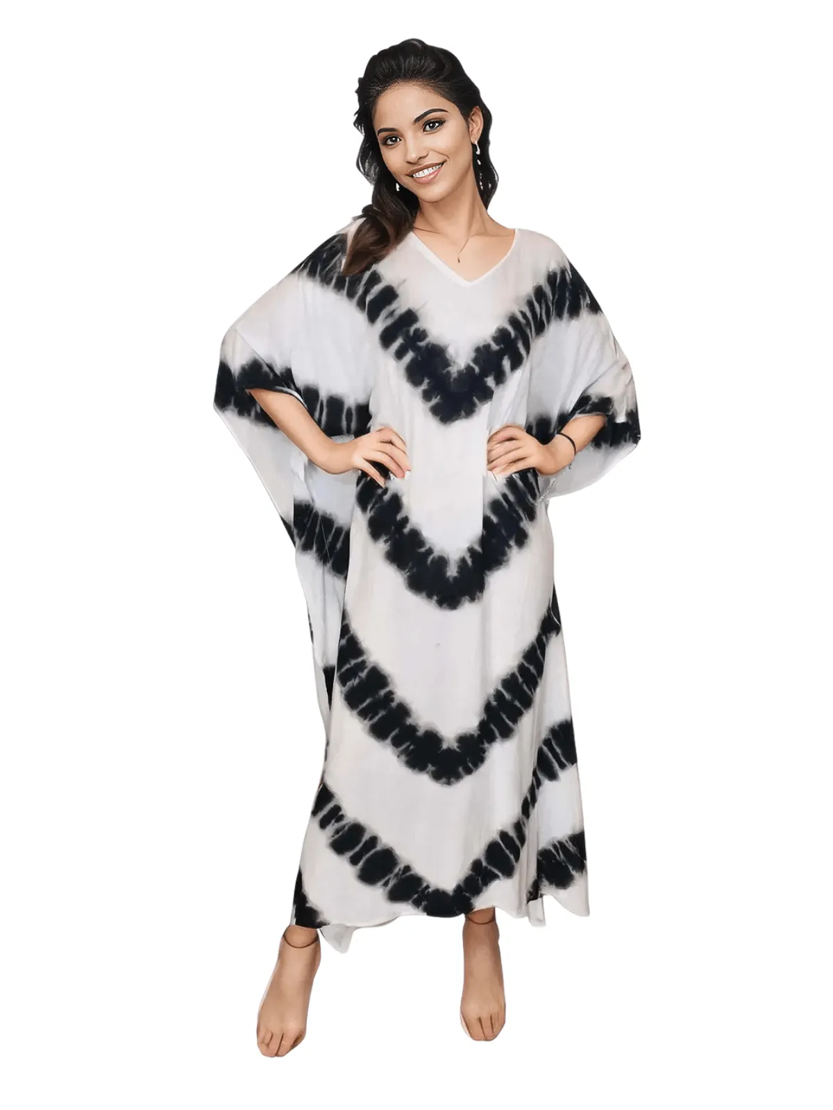 White/Black Hand-Dyed Tie-Dye Maxi Kaftan Dress – Boho Chic, Flowy and Comfortable