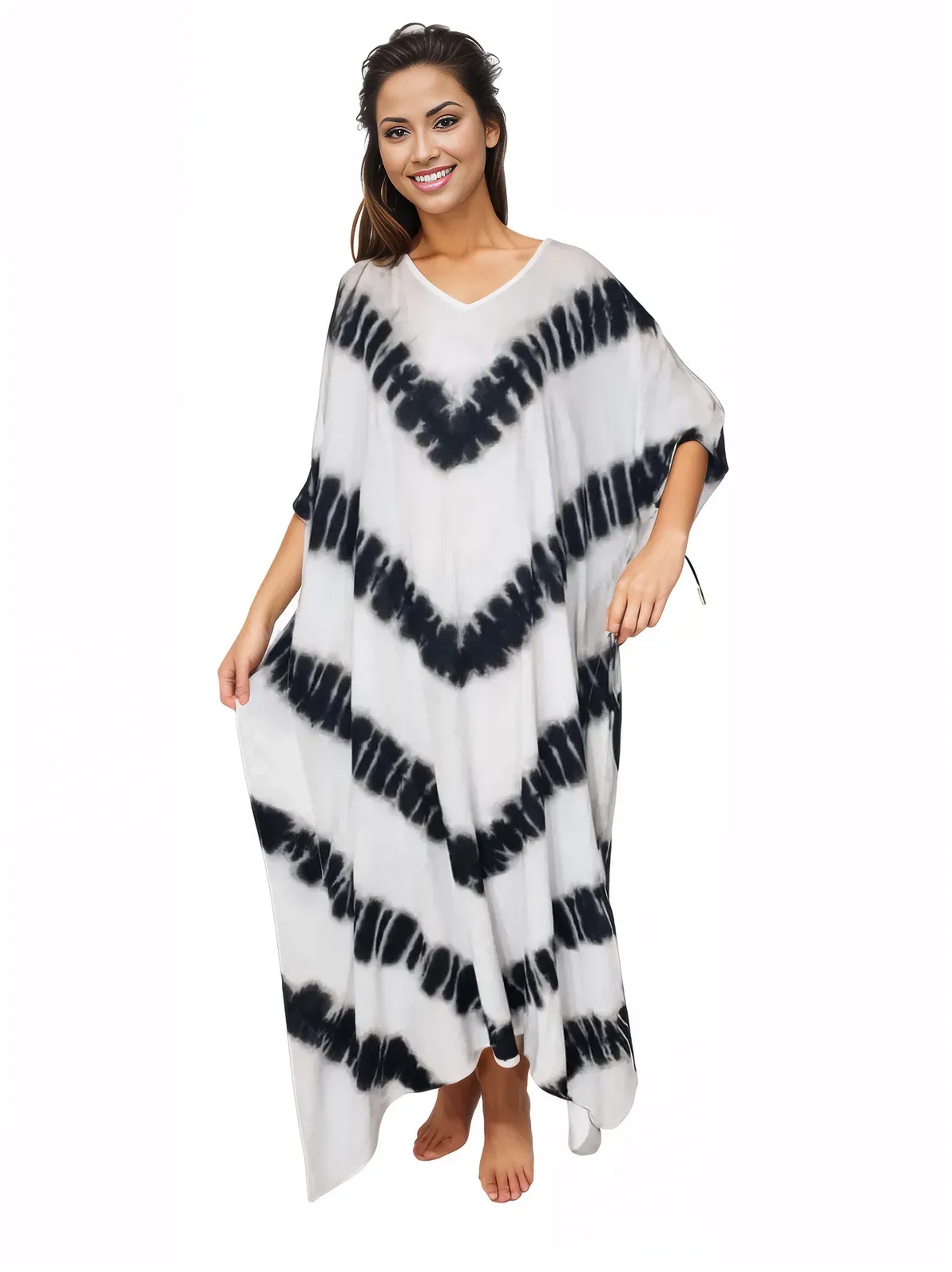 White/Black Hand-Dyed Tie-Dye Maxi Kaftan Dress – Boho Chic, Flowy and Comfortable