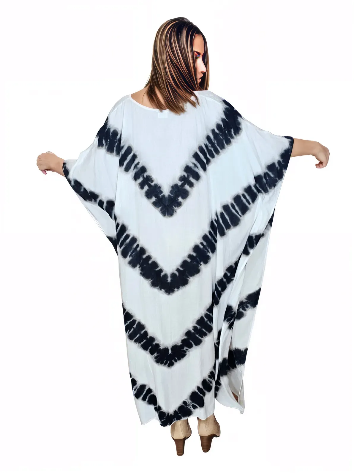 White/Black Hand-Dyed Tie-Dye Maxi Kaftan Dress – Boho Chic, Flowy and Comfortable