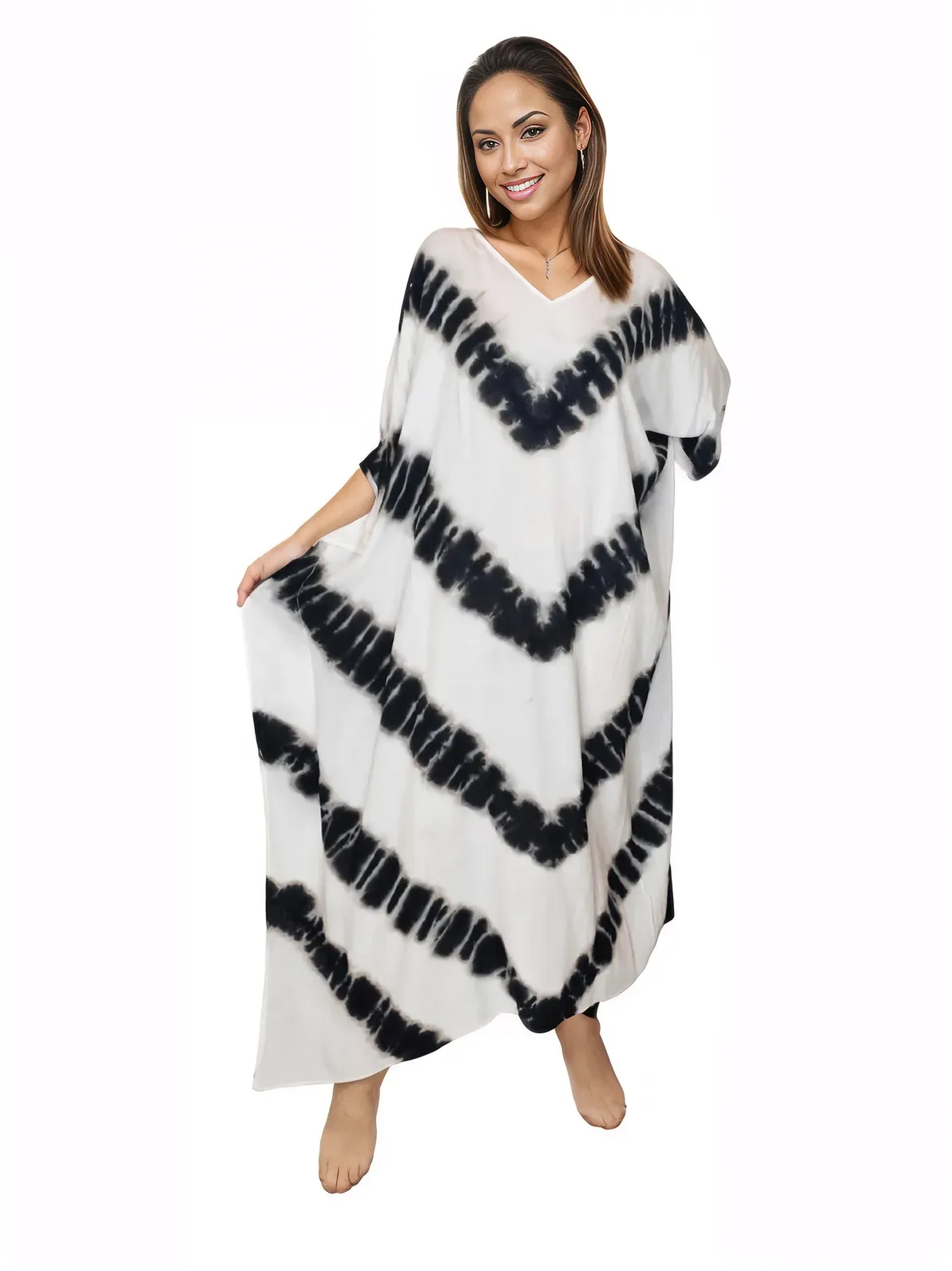 White/Black Hand-Dyed Tie-Dye Maxi Kaftan Dress – Boho Chic, Flowy and Comfortable