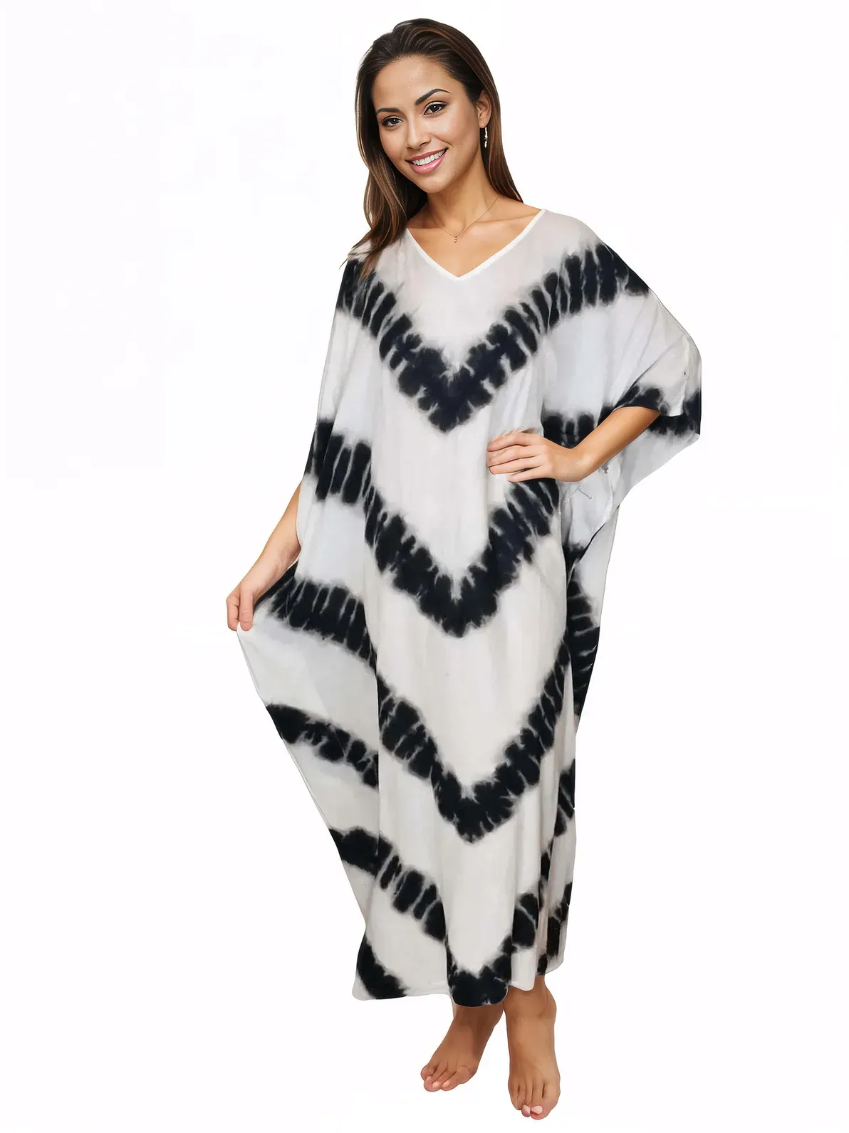 White/Black Hand-Dyed Tie-Dye Maxi Kaftan Dress – Boho Chic, Flowy and Comfortable