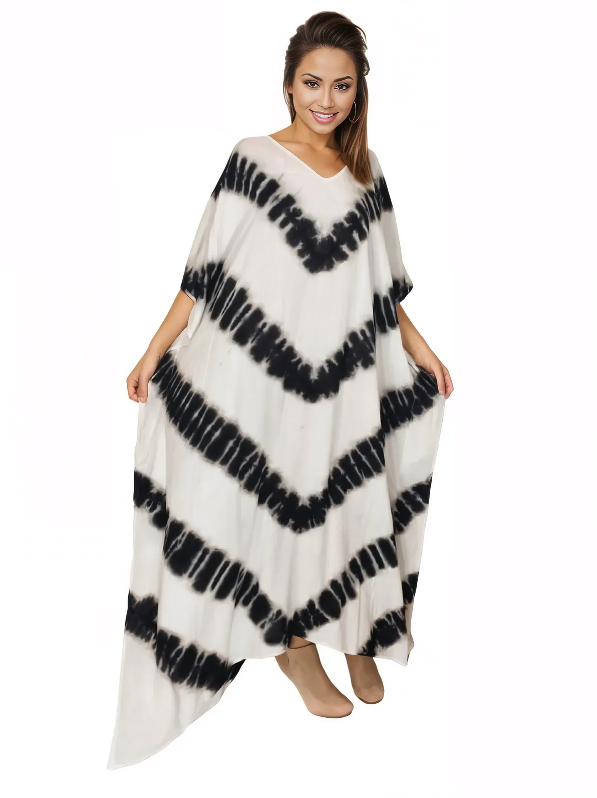 White/Black Hand-Dyed Tie-Dye Maxi Kaftan Dress – Boho Chic, Flowy and Comfortable