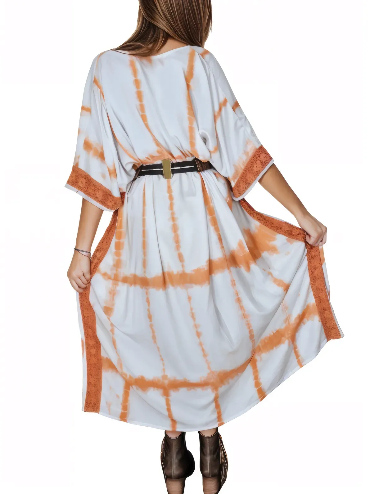 White/Orange Hand-Dyed Tie-Dye Maxi Kaftan Dress – Boho Chic, Flowy and Comfortable