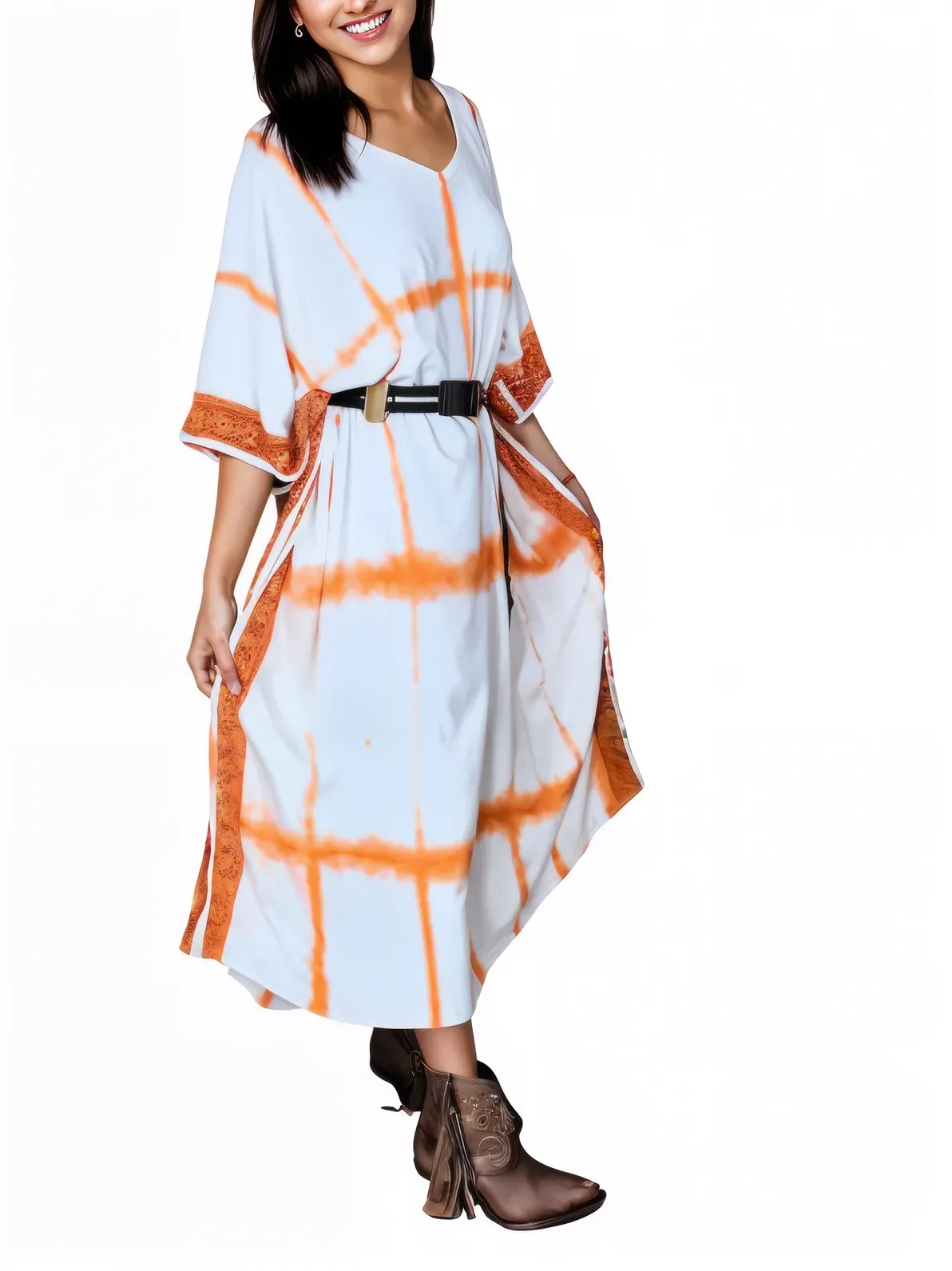 White/Orange Hand-Dyed Tie-Dye Maxi Kaftan Dress – Boho Chic, Flowy and Comfortable