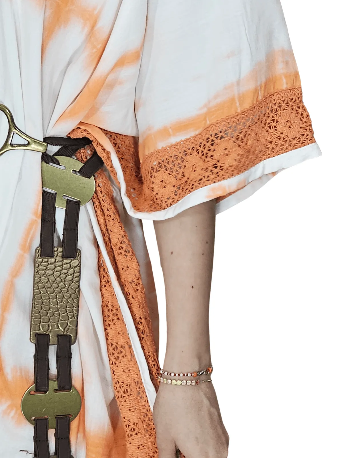 White/Orange Hand-Dyed Tie-Dye Maxi Kaftan Dress – Boho Chic, Flowy and Comfortable