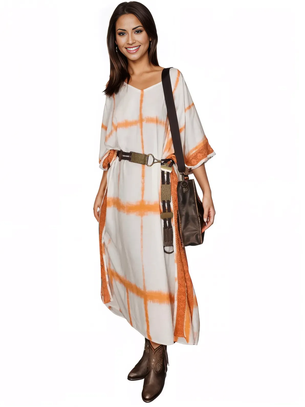 White/Orange Hand-Dyed Tie-Dye Maxi Kaftan Dress – Boho Chic, Flowy and Comfortable