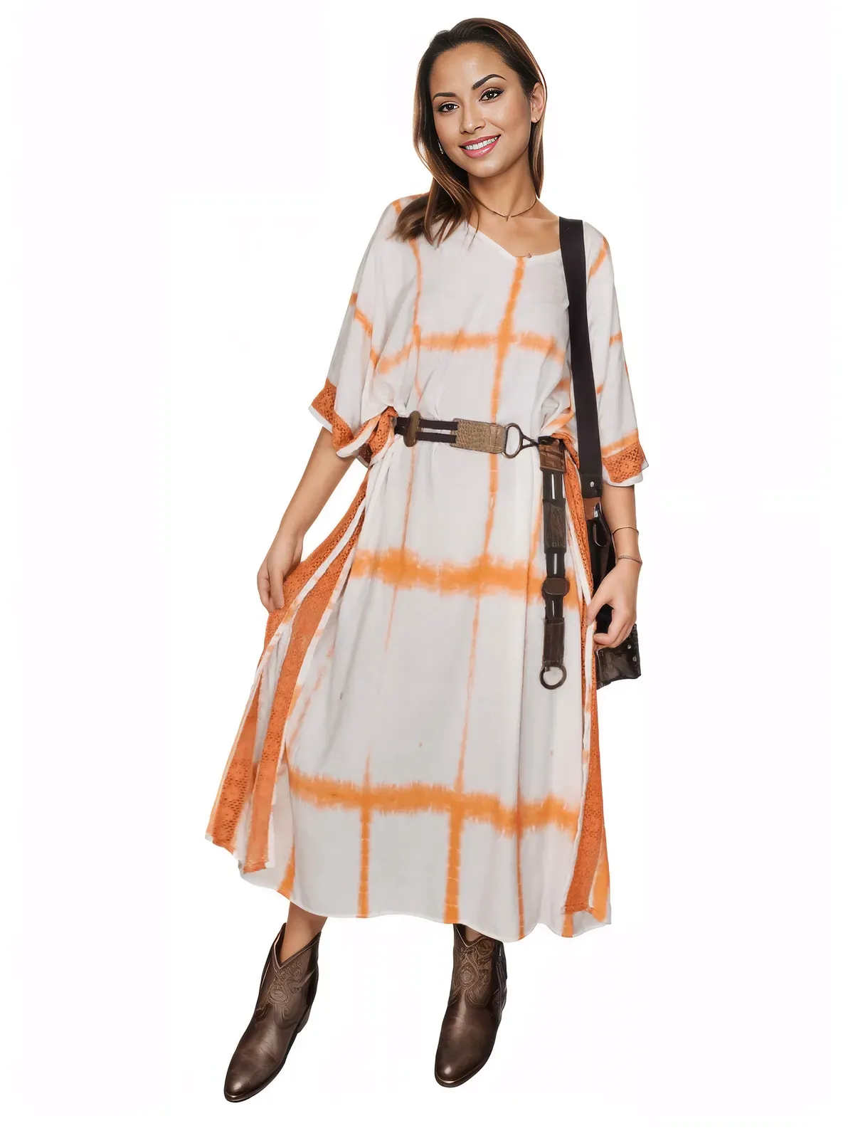 White/Orange Hand-Dyed Tie-Dye Maxi Kaftan Dress – Boho Chic, Flowy and Comfortable