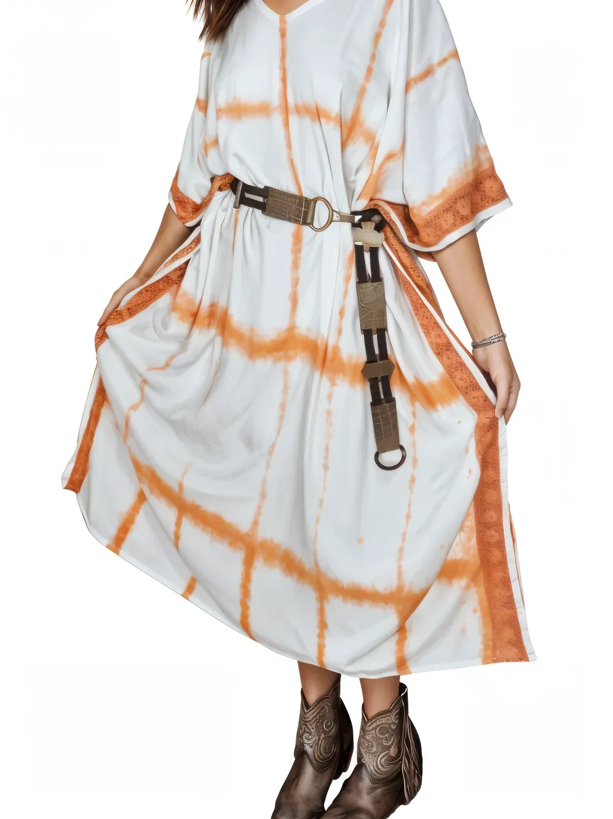 White/Orange Hand-Dyed Tie-Dye Maxi Kaftan Dress – Boho Chic, Flowy and Comfortable