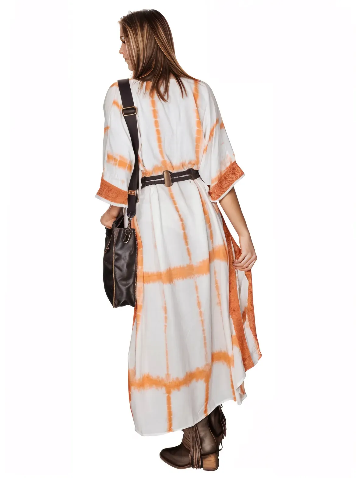 White/Orange Hand-Dyed Tie-Dye Maxi Kaftan Dress – Boho Chic, Flowy and Comfortable