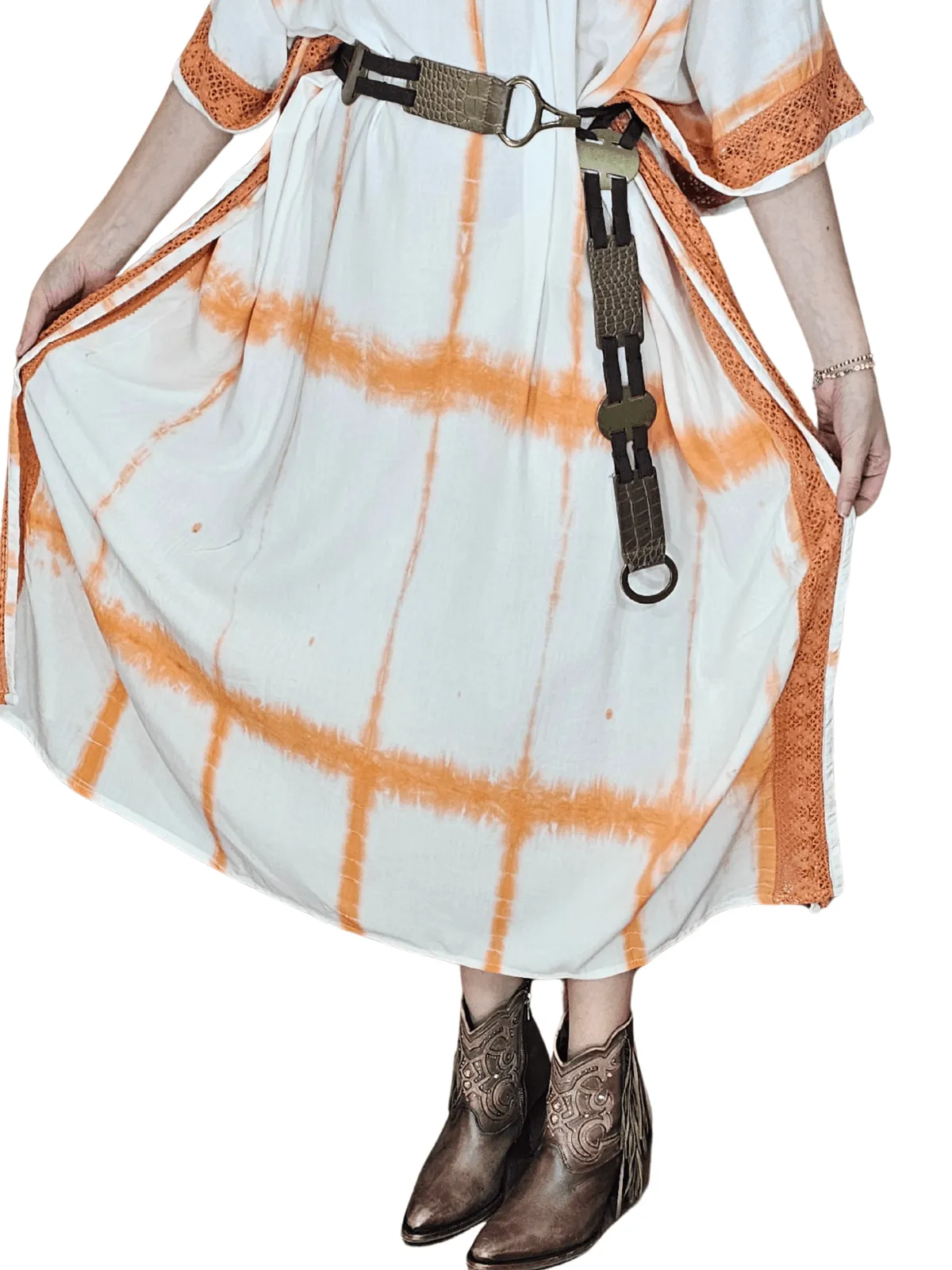 White/Orange Hand-Dyed Tie-Dye Maxi Kaftan Dress – Boho Chic, Flowy and Comfortable