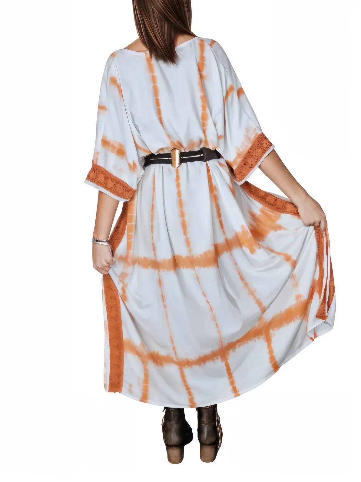 White/Orange Hand-Dyed Tie-Dye Maxi Kaftan Dress – Boho Chic, Flowy and Comfortable