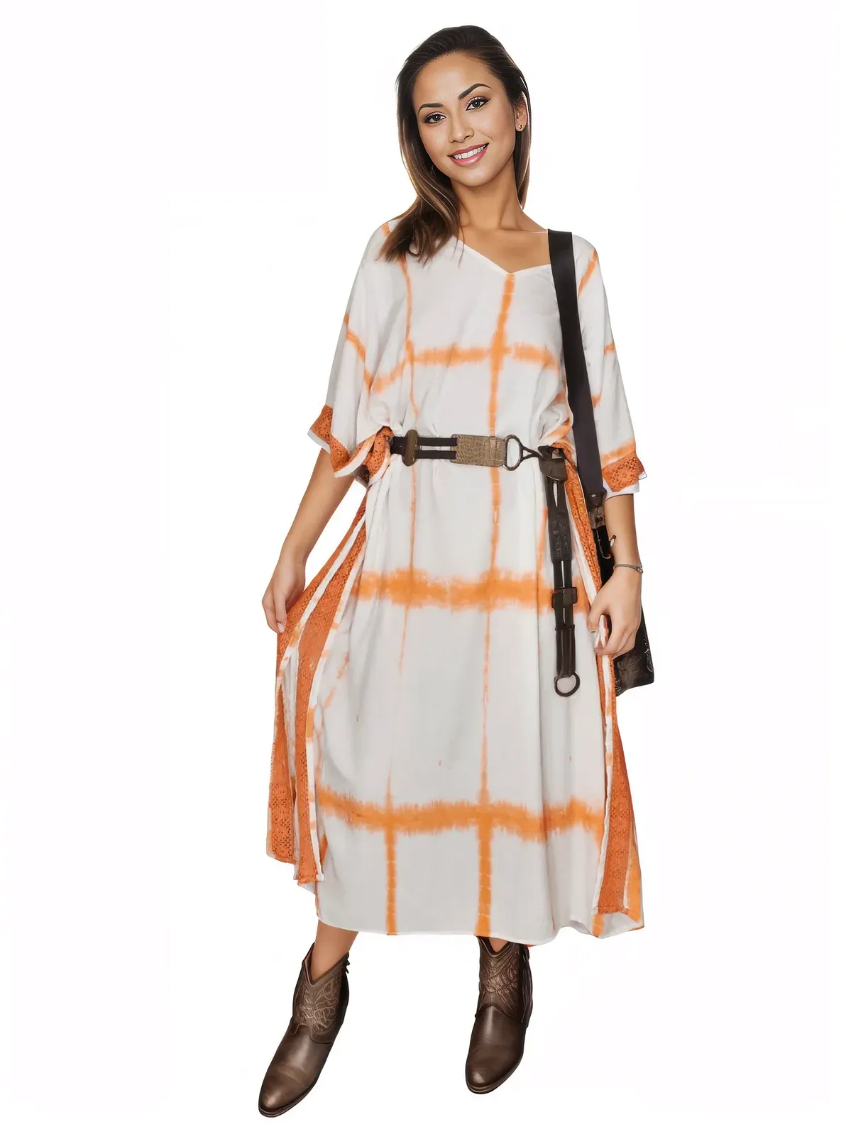 White/Orange Hand-Dyed Tie-Dye Maxi Kaftan Dress – Boho Chic, Flowy and Comfortable