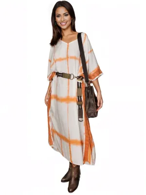 White/Orange Hand-Dyed Tie-Dye Maxi Kaftan Dress – Boho Chic, Flowy and Comfortable