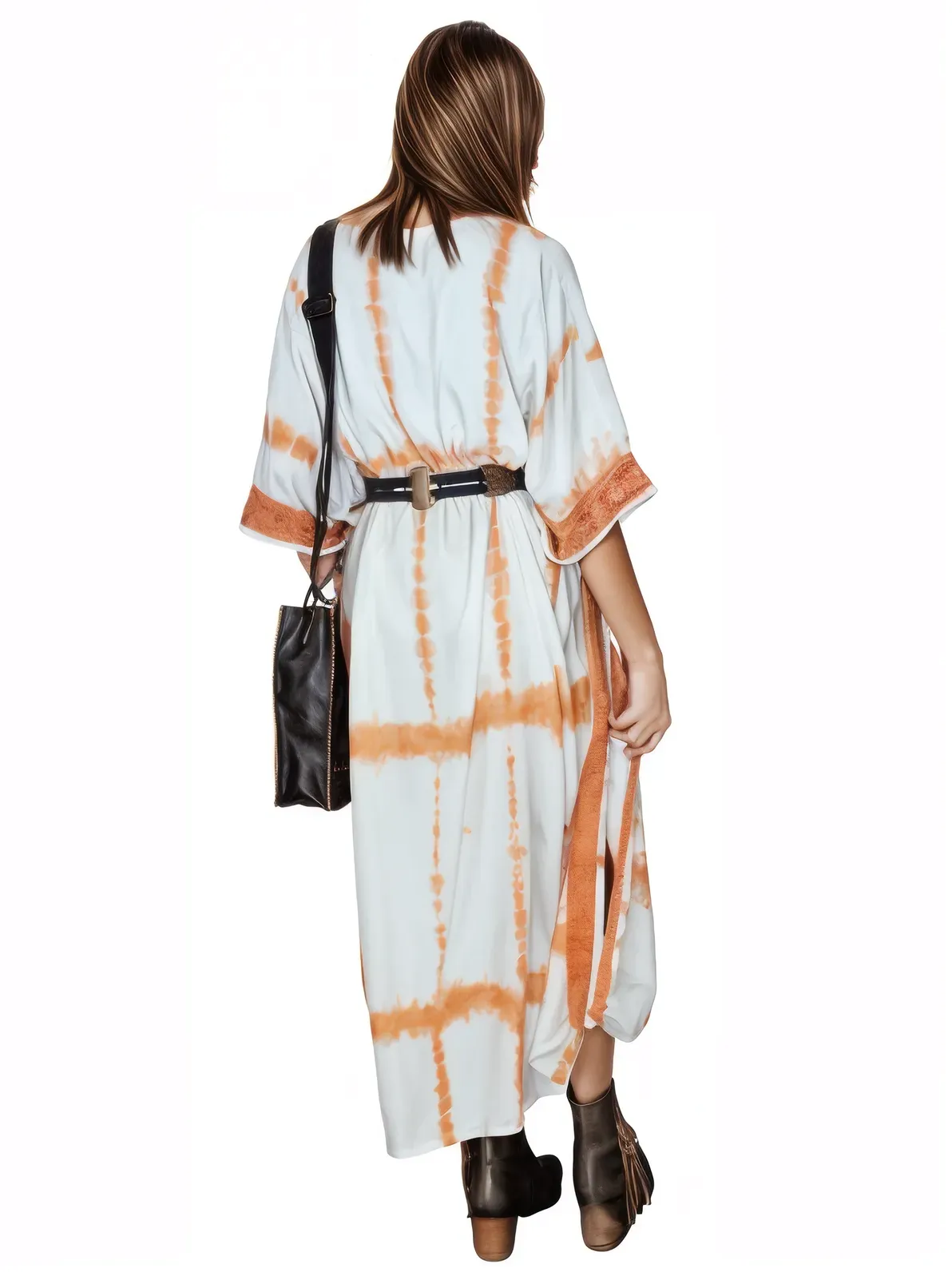 White/Orange Hand-Dyed Tie-Dye Maxi Kaftan Dress – Boho Chic, Flowy and Comfortable