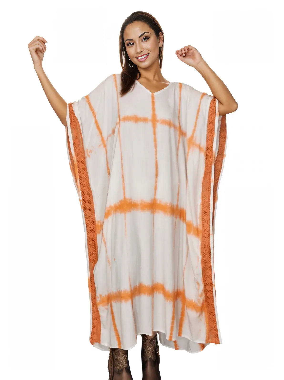 White/Orange Hand-Dyed Tie-Dye Maxi Kaftan Dress – Boho Chic, Flowy and Comfortable