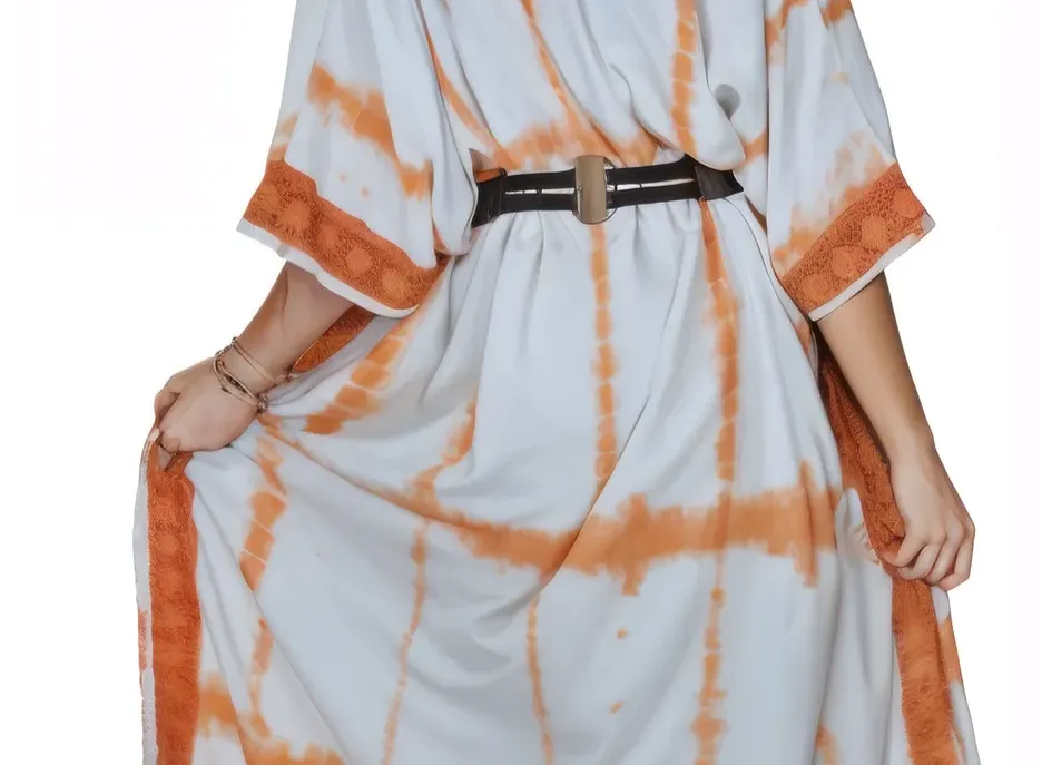 White/Orange Hand-Dyed Tie-Dye Maxi Kaftan Dress – Boho Chic, Flowy and Comfortable