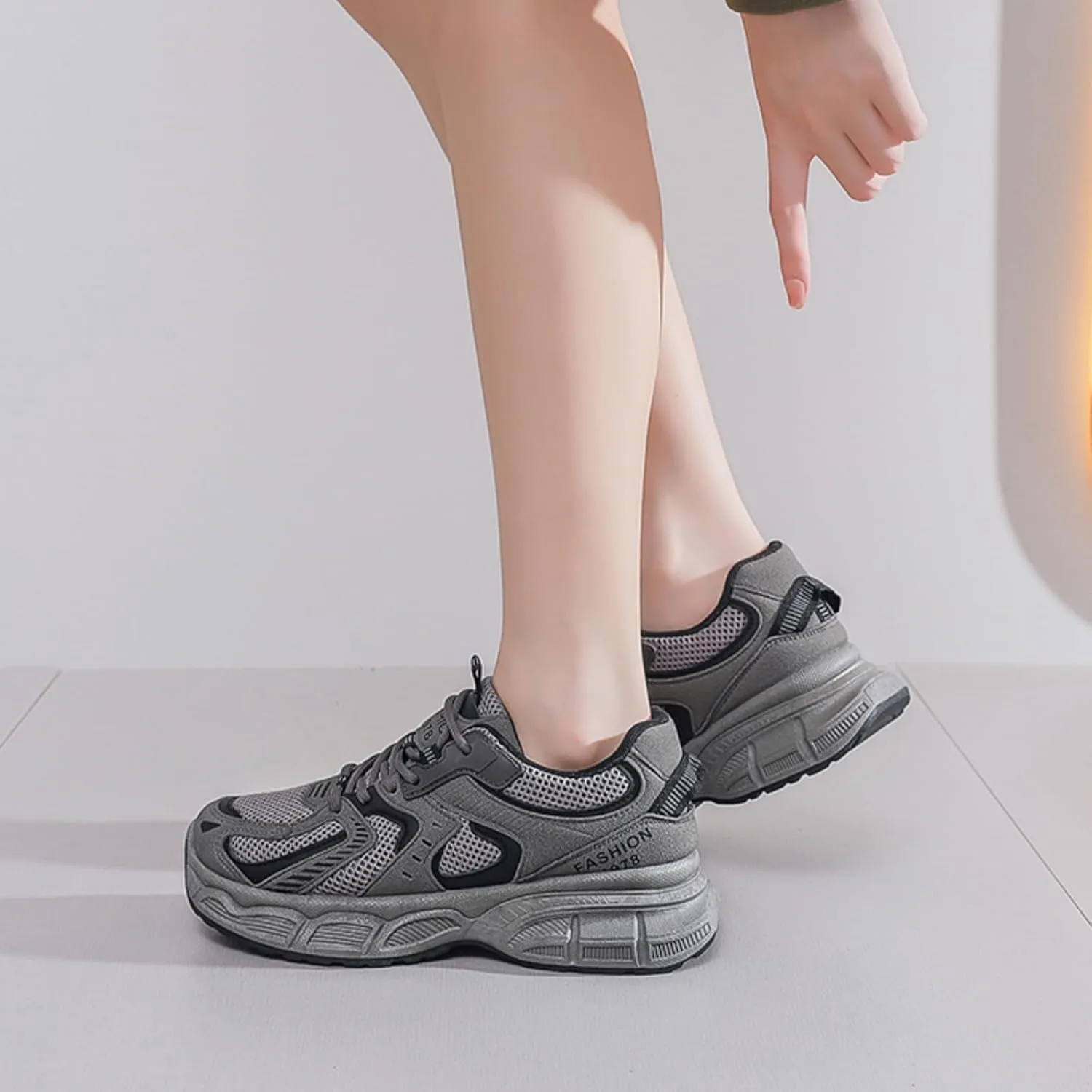 Womens Leather Lace Up Platform Sneakers FashionCasual Non Slip Shock Absorbing Heighten Walking Workout Driving Shoes
