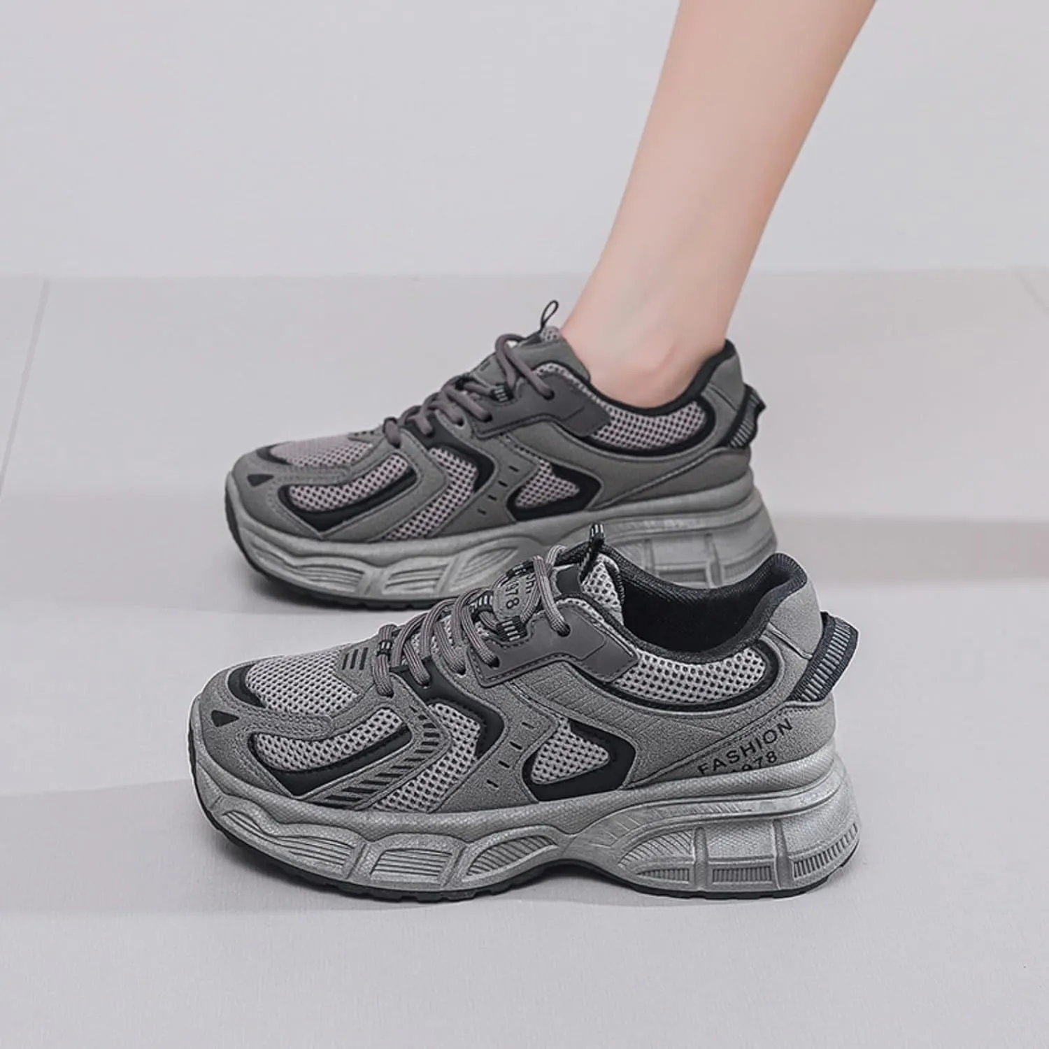Womens Leather Lace Up Platform Sneakers FashionCasual Non Slip Shock Absorbing Heighten Walking Workout Driving Shoes