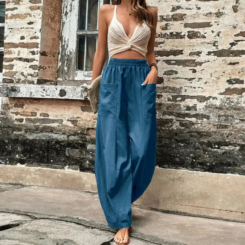Women's Solid Colour Trousers with Elastic Waist and Pockets  Perfect for Everyday Wear