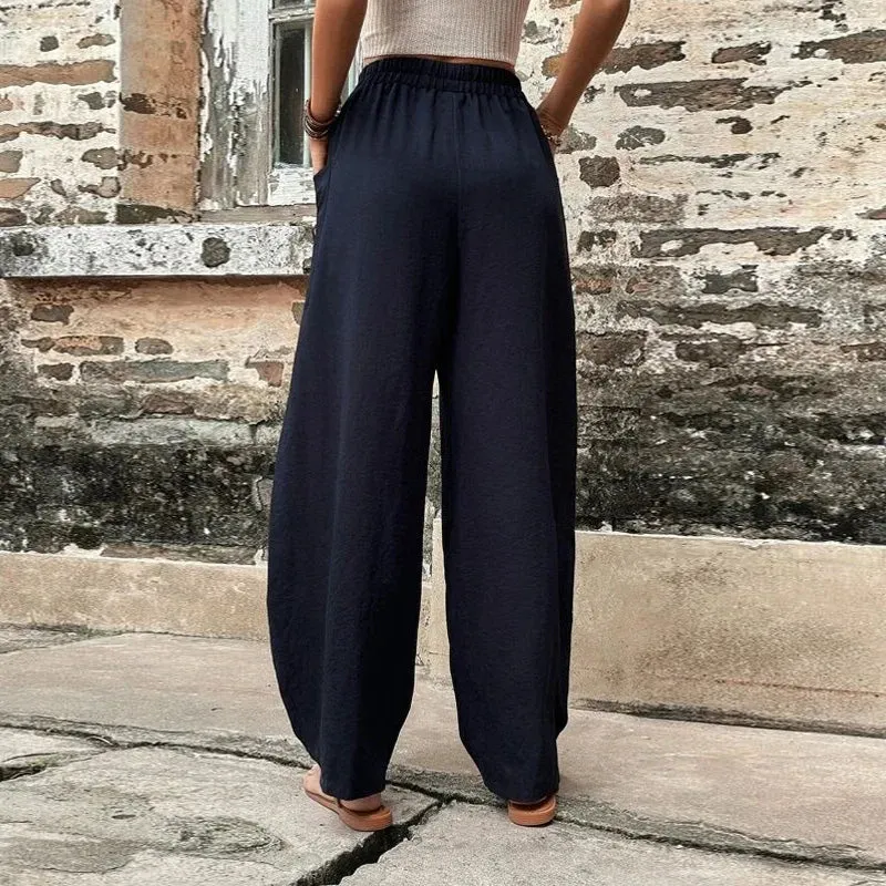 Women's Solid Colour Trousers with Elastic Waist and Pockets  Perfect for Everyday Wear