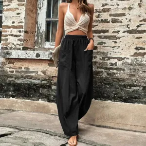 Women's Solid Colour Trousers with Elastic Waist and Pockets  Perfect for Everyday Wear