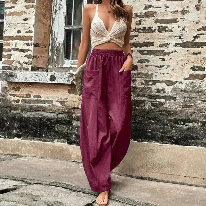 Women's Solid Colour Trousers with Elastic Waist and Pockets  Perfect for Everyday Wear