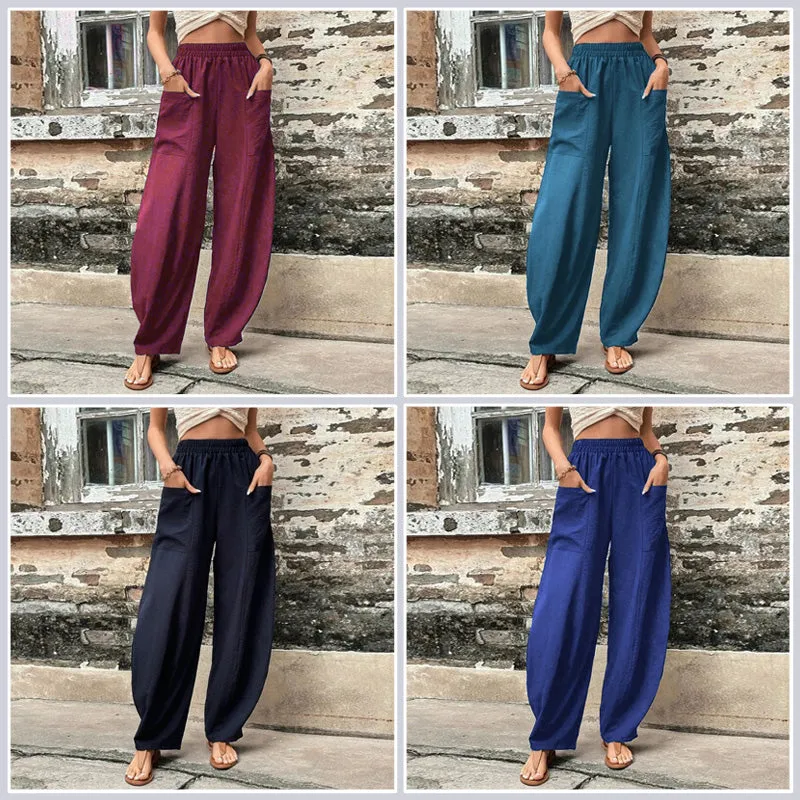 Women's Solid Colour Trousers with Elastic Waist and Pockets  Perfect for Everyday Wear