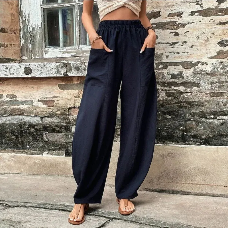 Women's Solid Colour Trousers with Elastic Waist and Pockets  Perfect for Everyday Wear